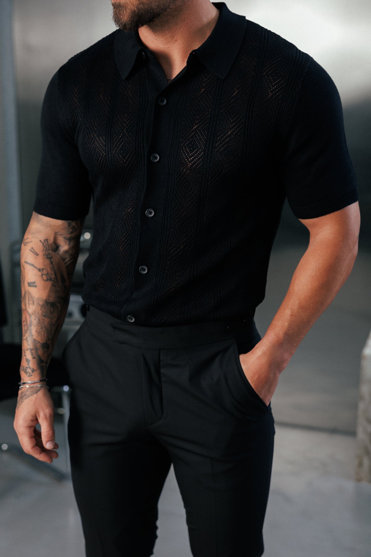 Black Diamond Stripe Perforated Shirt Short Sleeve - FSA022