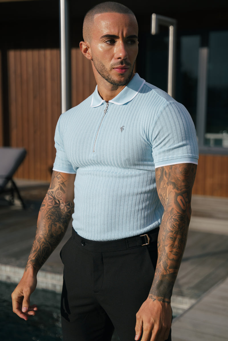 FS Classic Powder Blue Ribbed Zip Polo with Contrast Short Sleeve - FSH1106