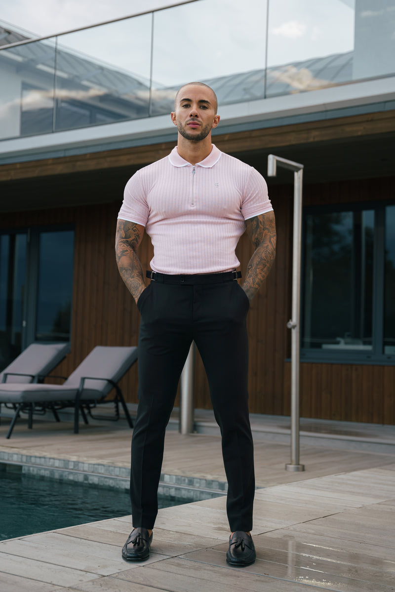 FS Classic Powder Pink Ribbed Zip Polo with Contrast Short Sleeve - FSH1105