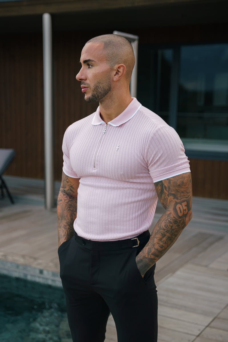 FS Classic Powder Pink Ribbed Zip Polo with Contrast Short Sleeve - FSH1105