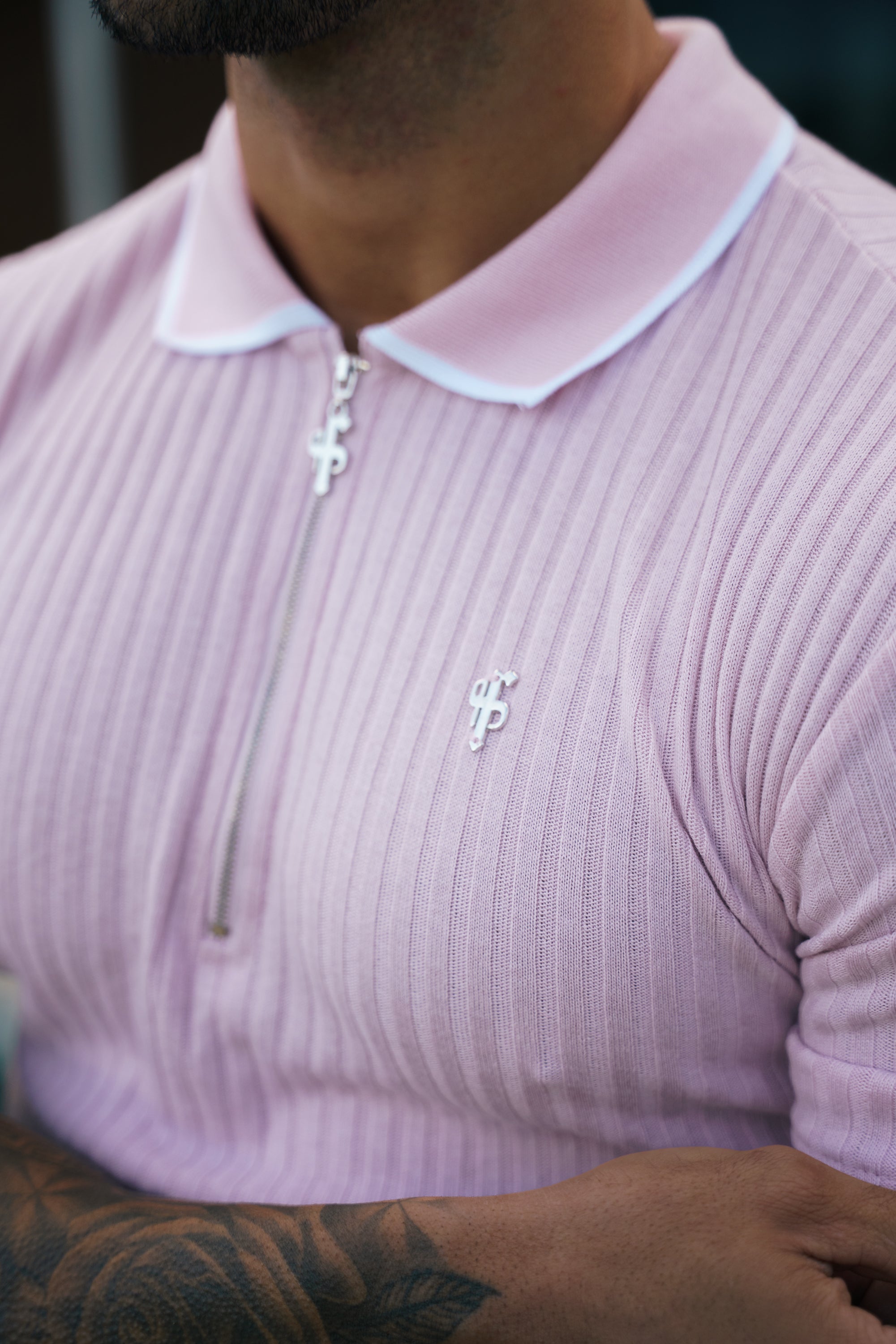 Classic Powder Pink Ribbed Zip Polo with Contrast Short Sleeve - FSH1105