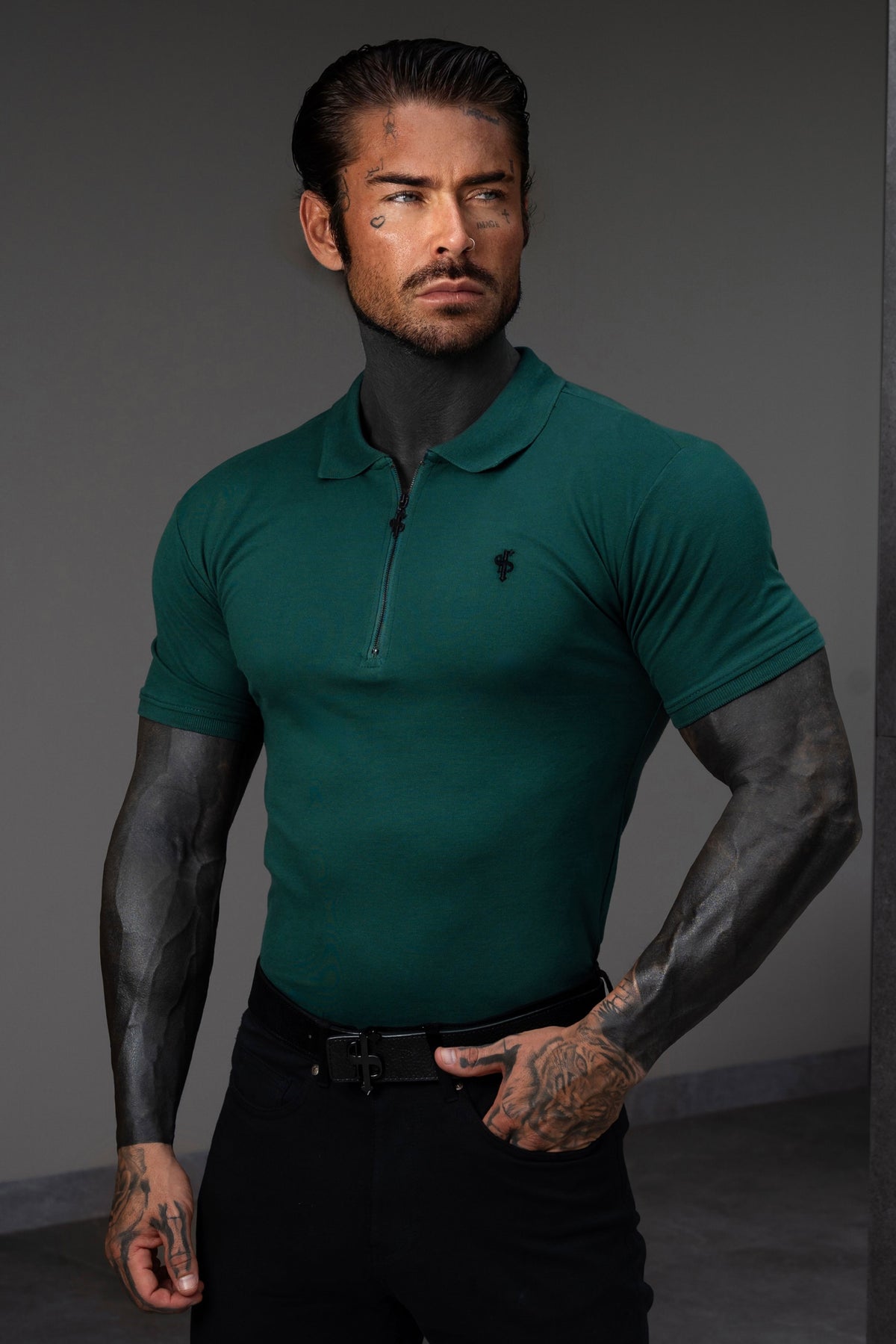 Classic Forest Green and Black Zipped Polo Shirt - FSH1537