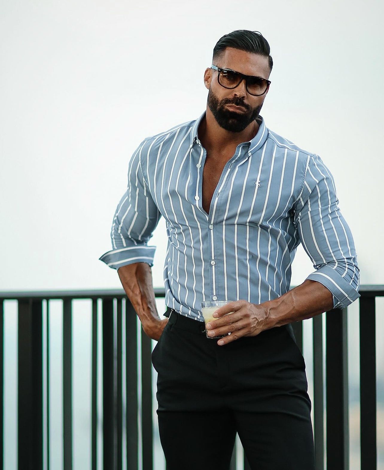 Classic Mid Blue and White Large Woven Stripe Long Sleeve - FS979