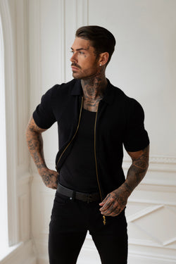 Father Sons Classic Knitted Textured Design With Full Length Zip Black Short Sleeve - FSN151