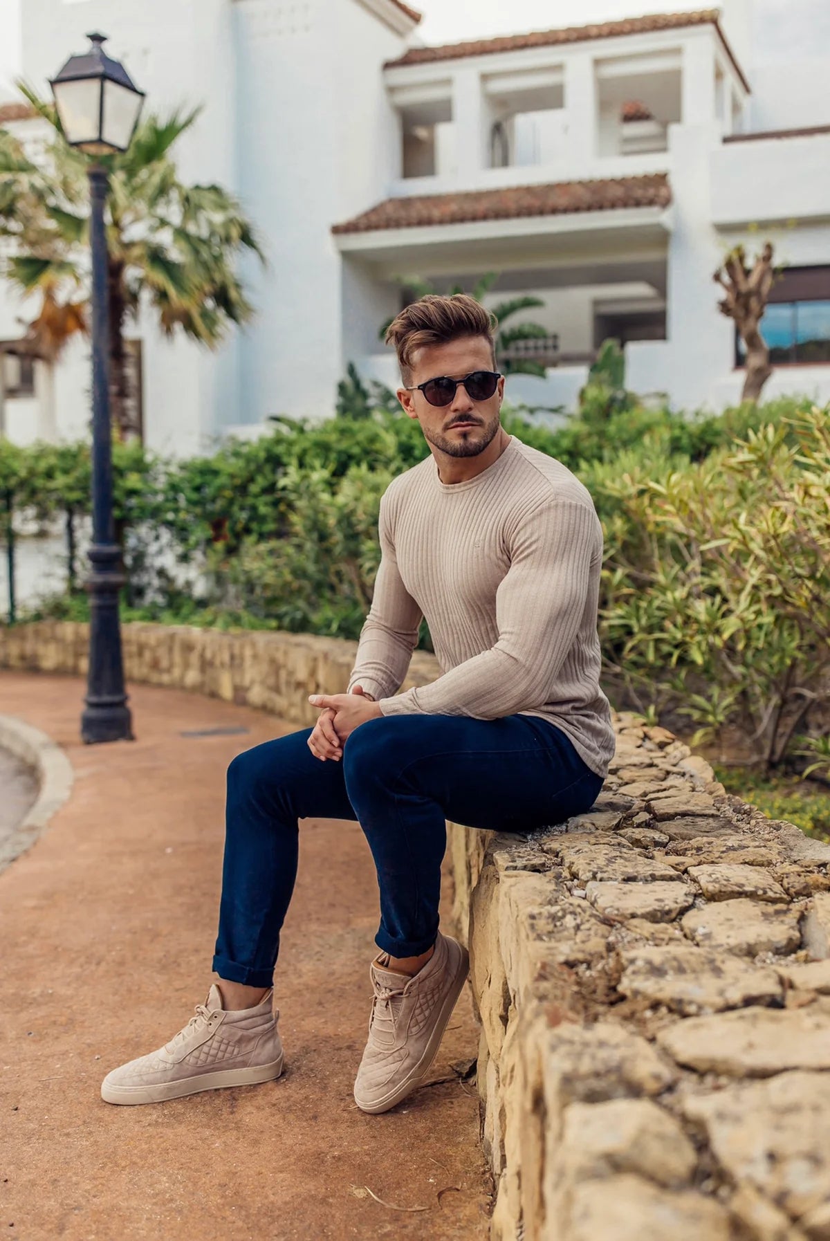 Classic Beige Ribbed Knit Jumper With Tonal Embroidery - FSH950