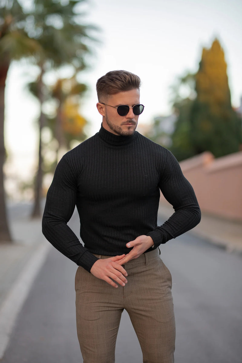 Father Sons Classic Black Ribbed Knit Roll-neck Jumper - FSH952
