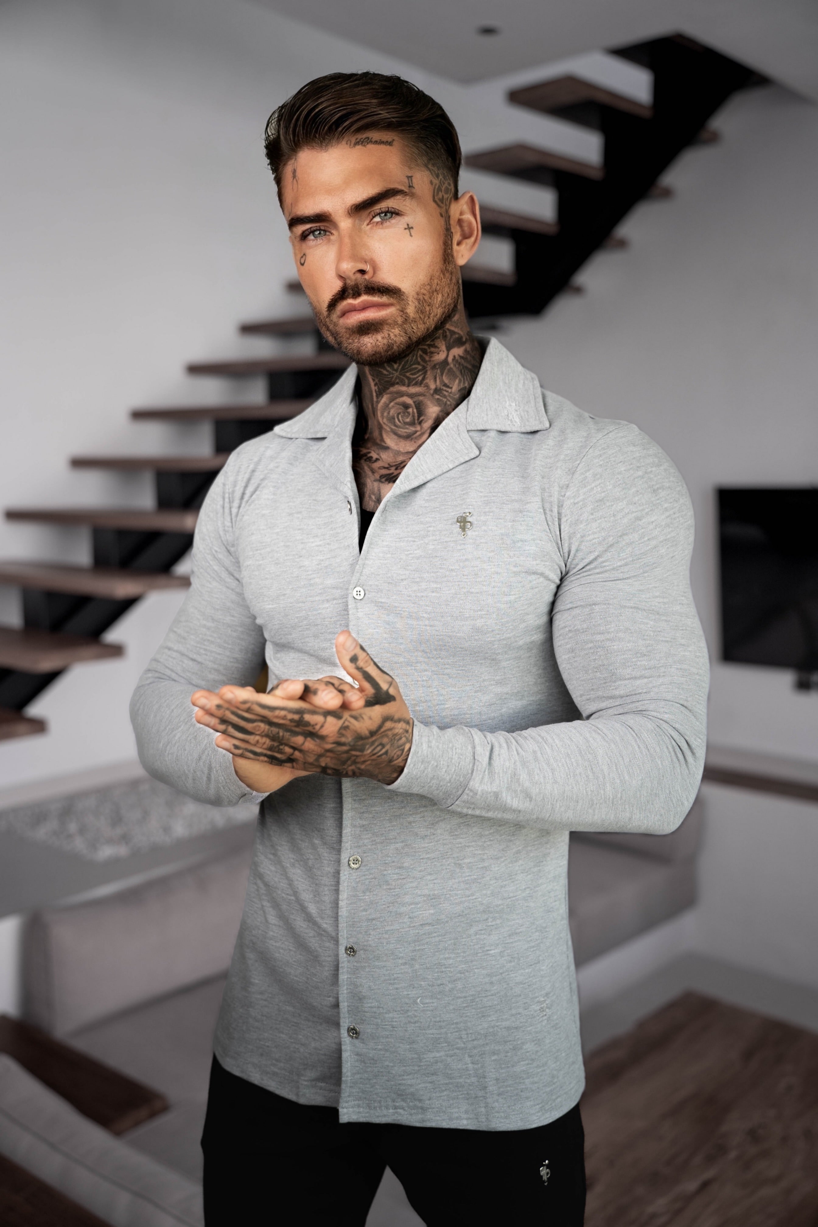 Stretch Light Grey Pique Revere Shirt Long Sleeve - FSH1353