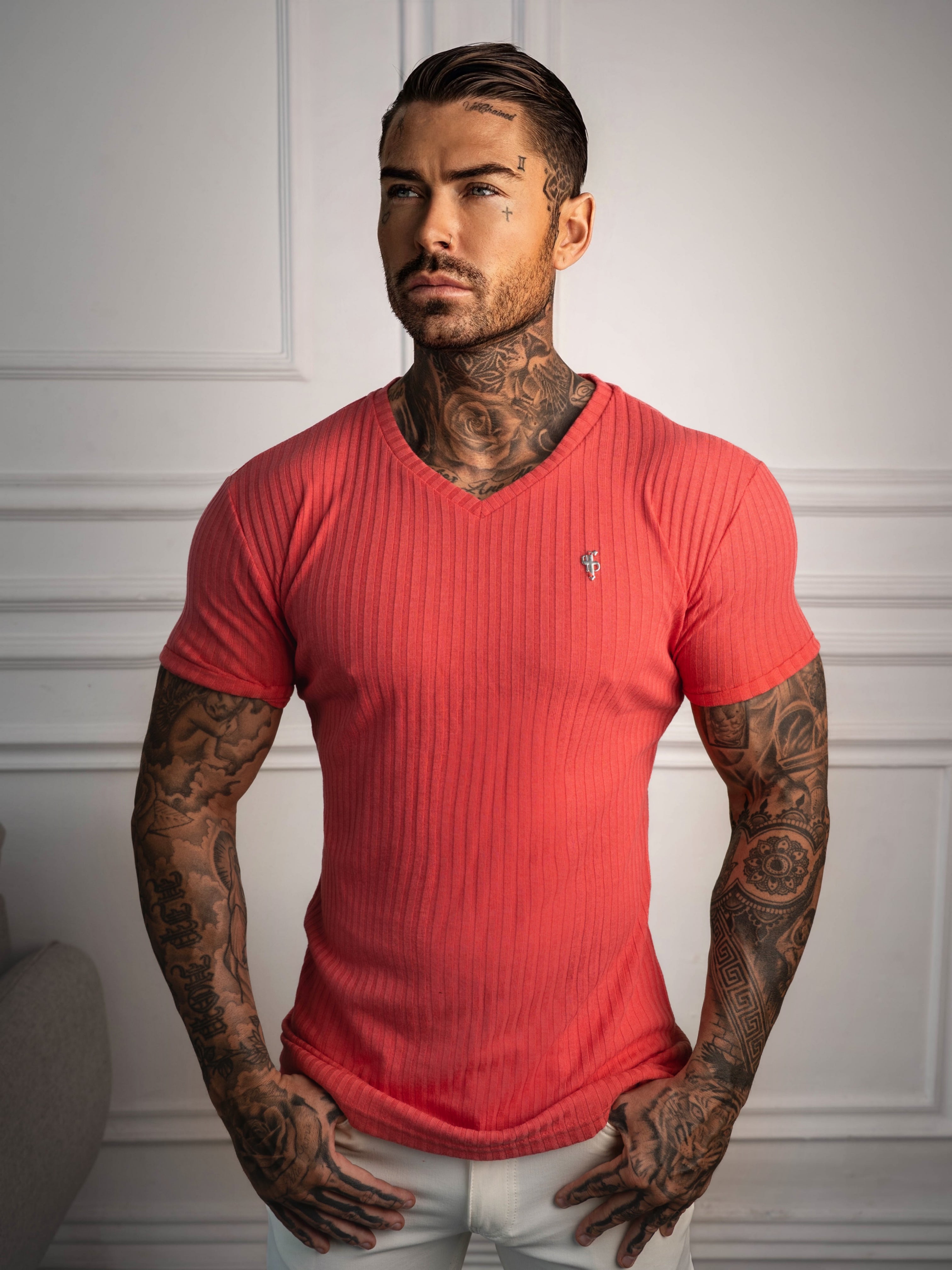 Super Slim Coral / Silver V Neck Ribbed Crew - FSH1365