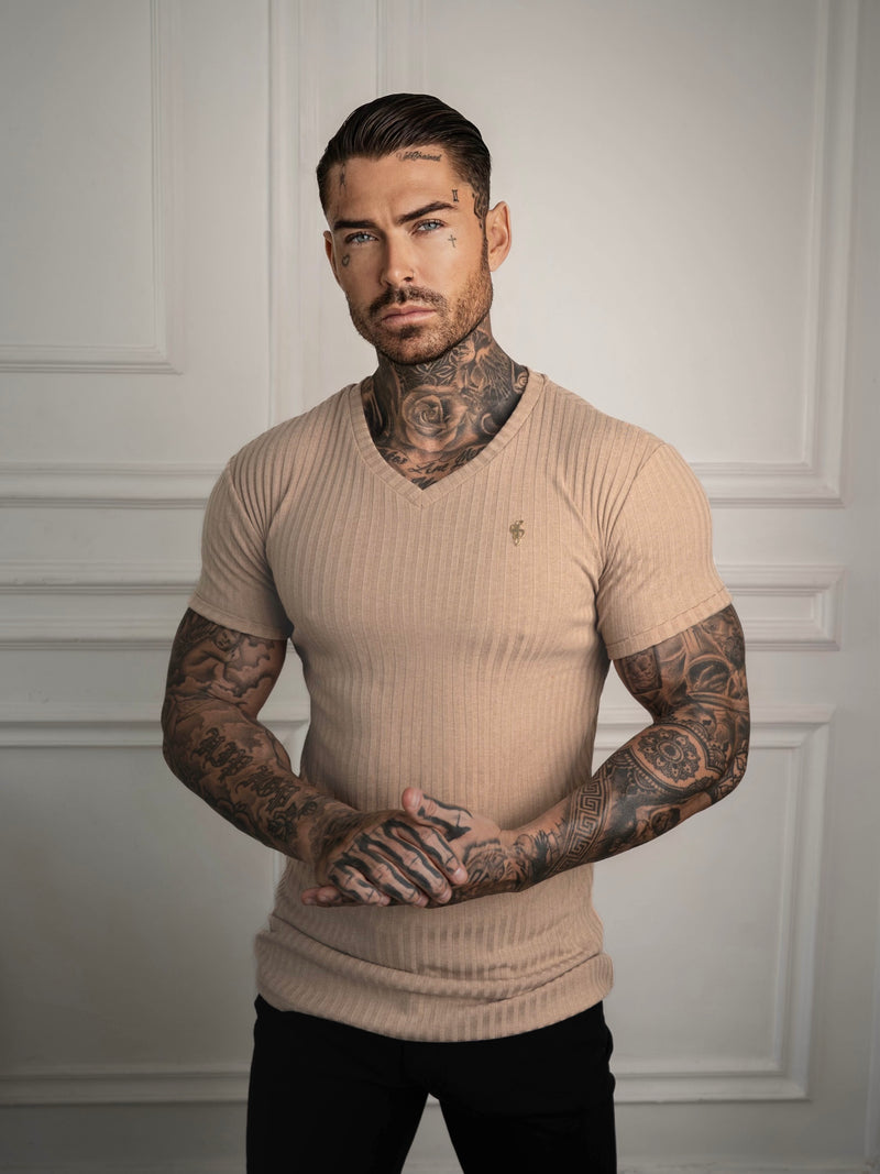 Father Sons Super Slim Beige / Gold V Neck Ribbed Crew - FSH1366