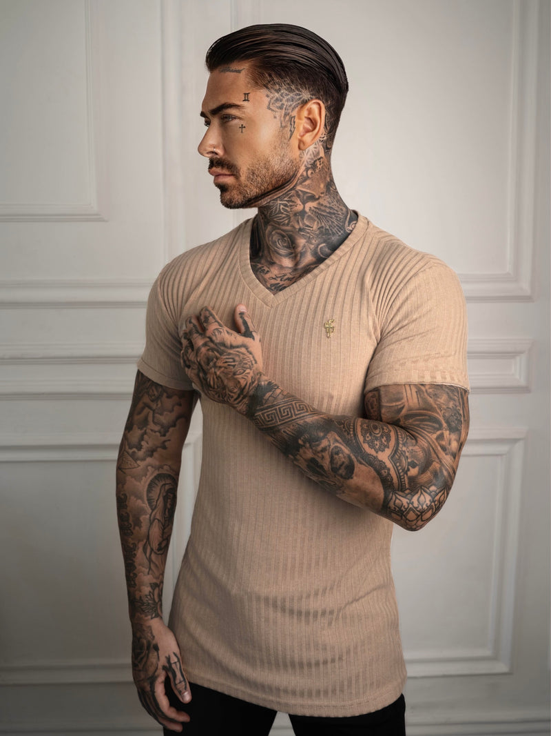 Father Sons Super Slim Beige / Gold V Neck Ribbed Crew - FSH1366
