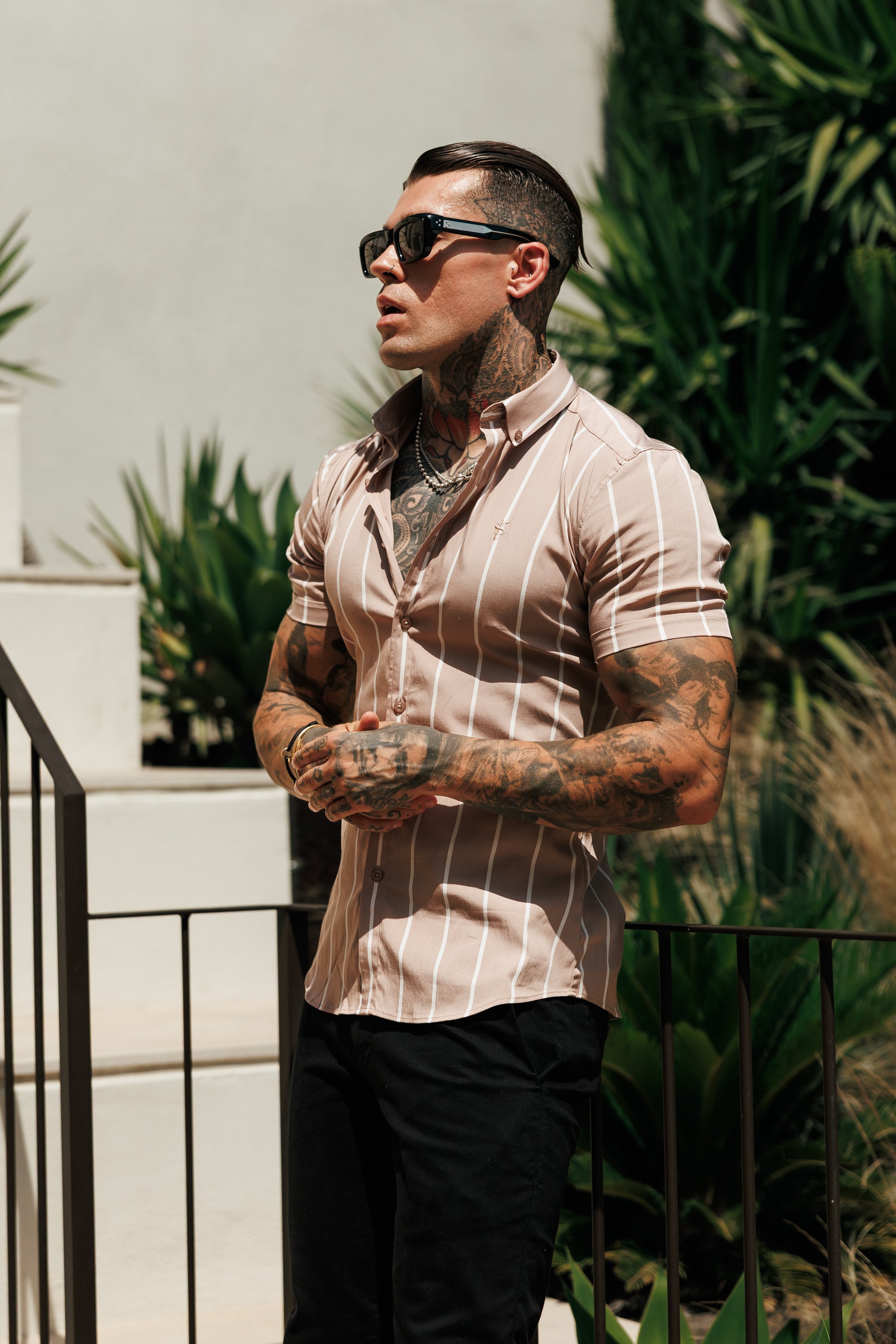 Super Slim Stretch Taupe Printed Wide Stripe Short Sleeve with Button Down Collar - FS1066