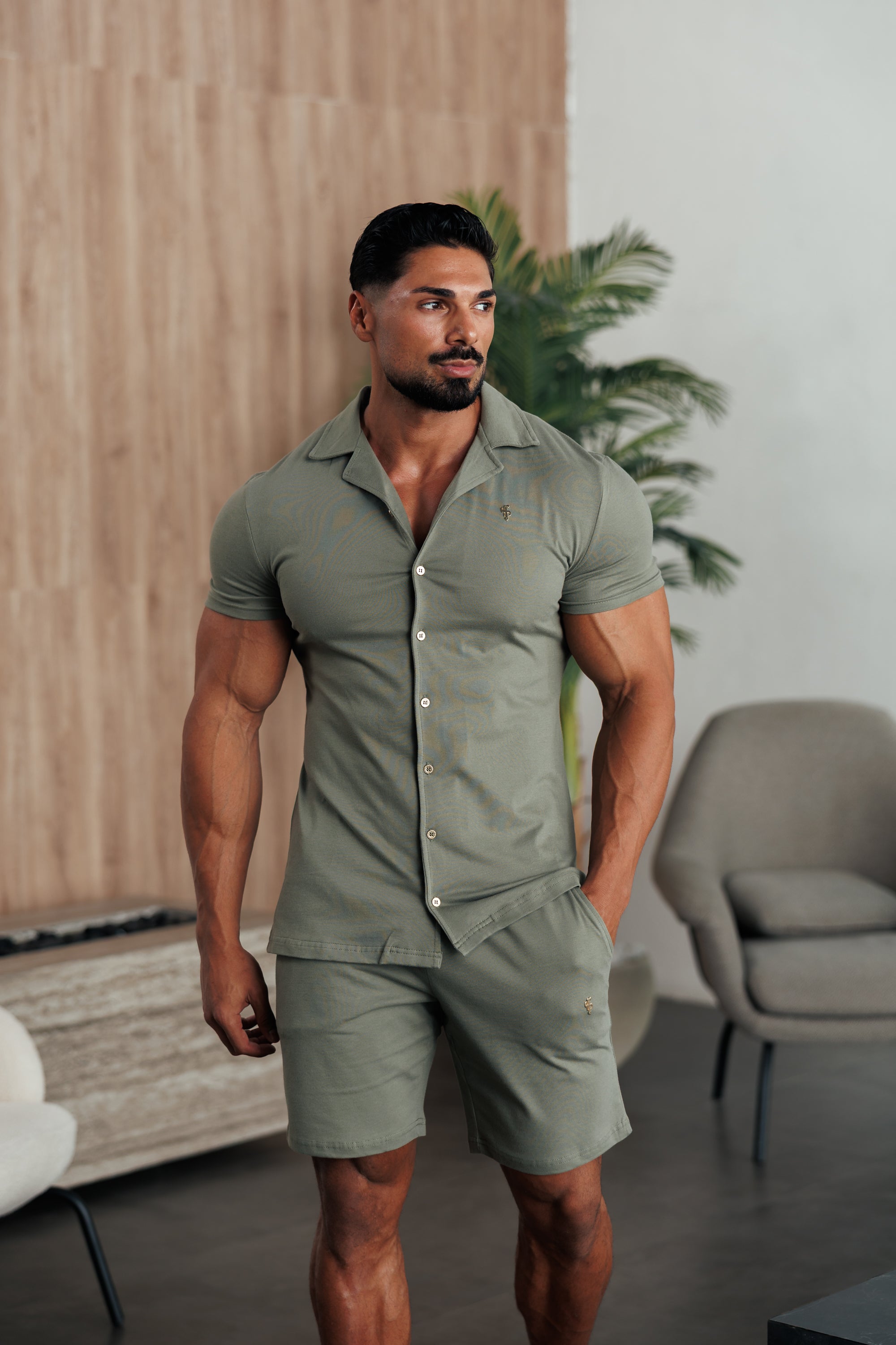 Stretch Olive / Gold Pique Revere Shirt Short Sleeve - FSH1387