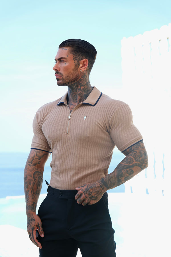 FS Classic Coffee Ribbed Zip Polo with Contrast Short Sleeve - FSH1104