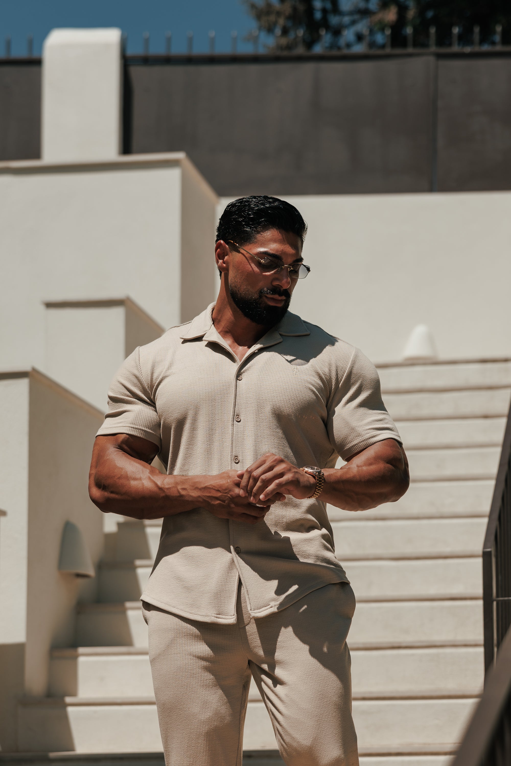 Jersey Cord Stretch Beige Revere Shirt Short Sleeve - FSR073 (PRE ORDER 27TH JULY)