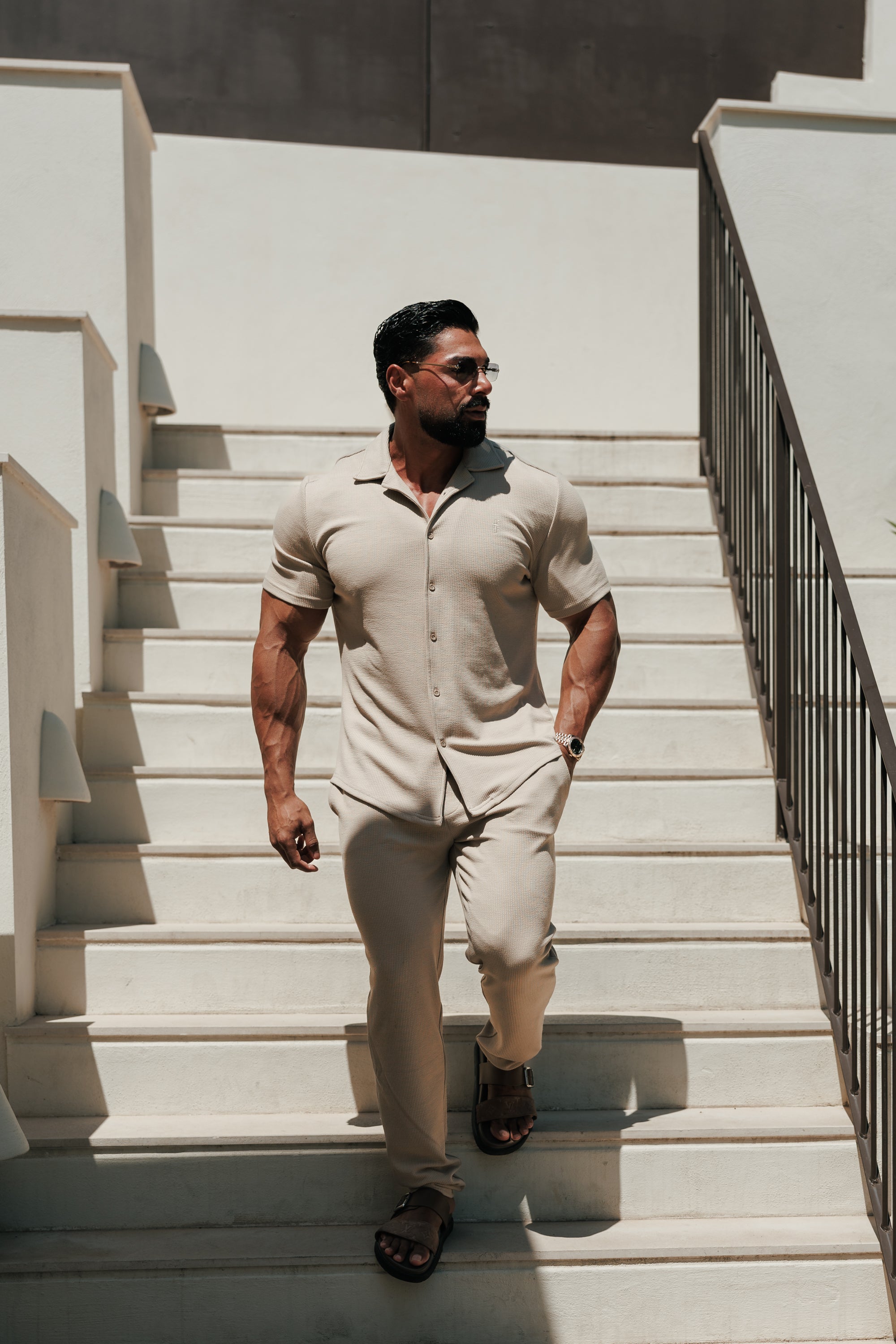 Jersey Cord Stretch Beige Revere Shirt Short Sleeve - FSR073 (PRE ORDER 27TH JULY)