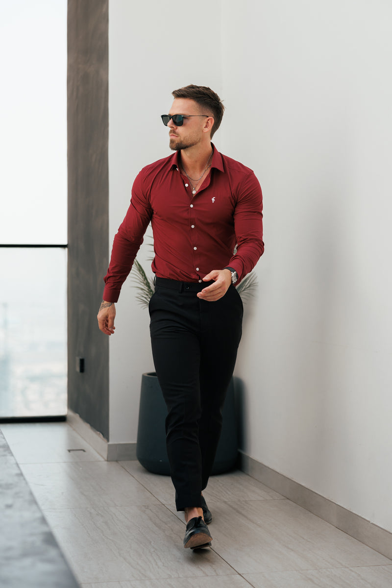 Father Sons Super Slim Stretch Burgundy with Cutaway Collar - FS1232