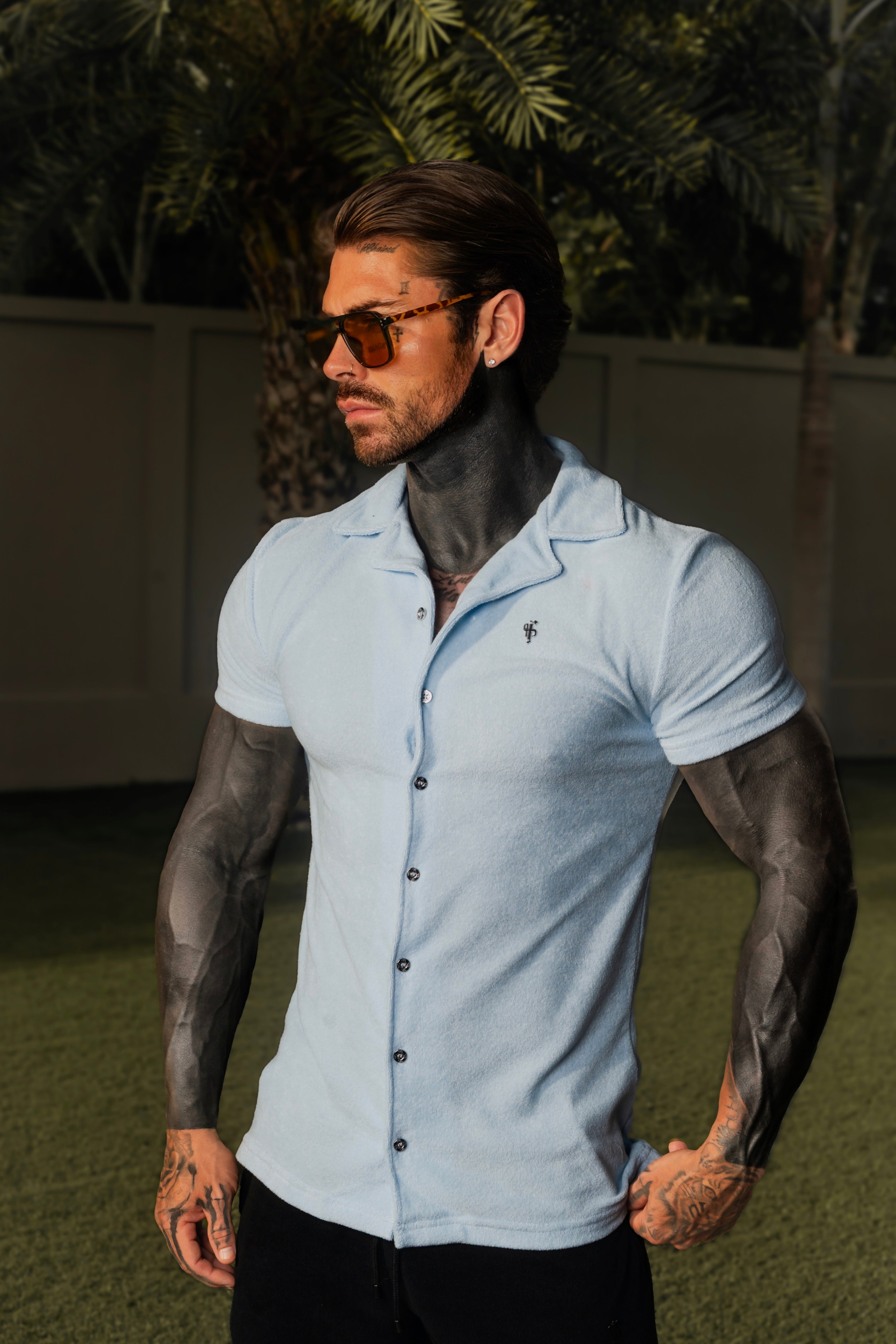 Light Blue Towelling Revere Shirt Short Sleeve - FSH1496
