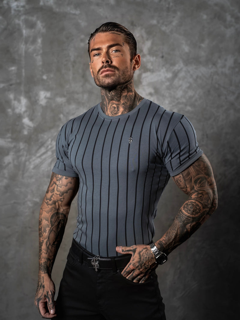 Father Sons Printed Charcoal / Black Stripe Fitted T Shirt - FSH1375