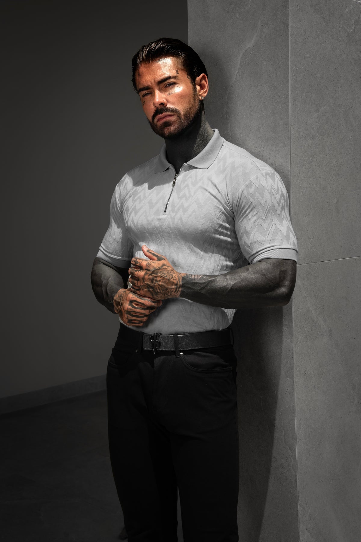 Classic Jacquard Light Grey Chevron Zipped Polo - FSR063