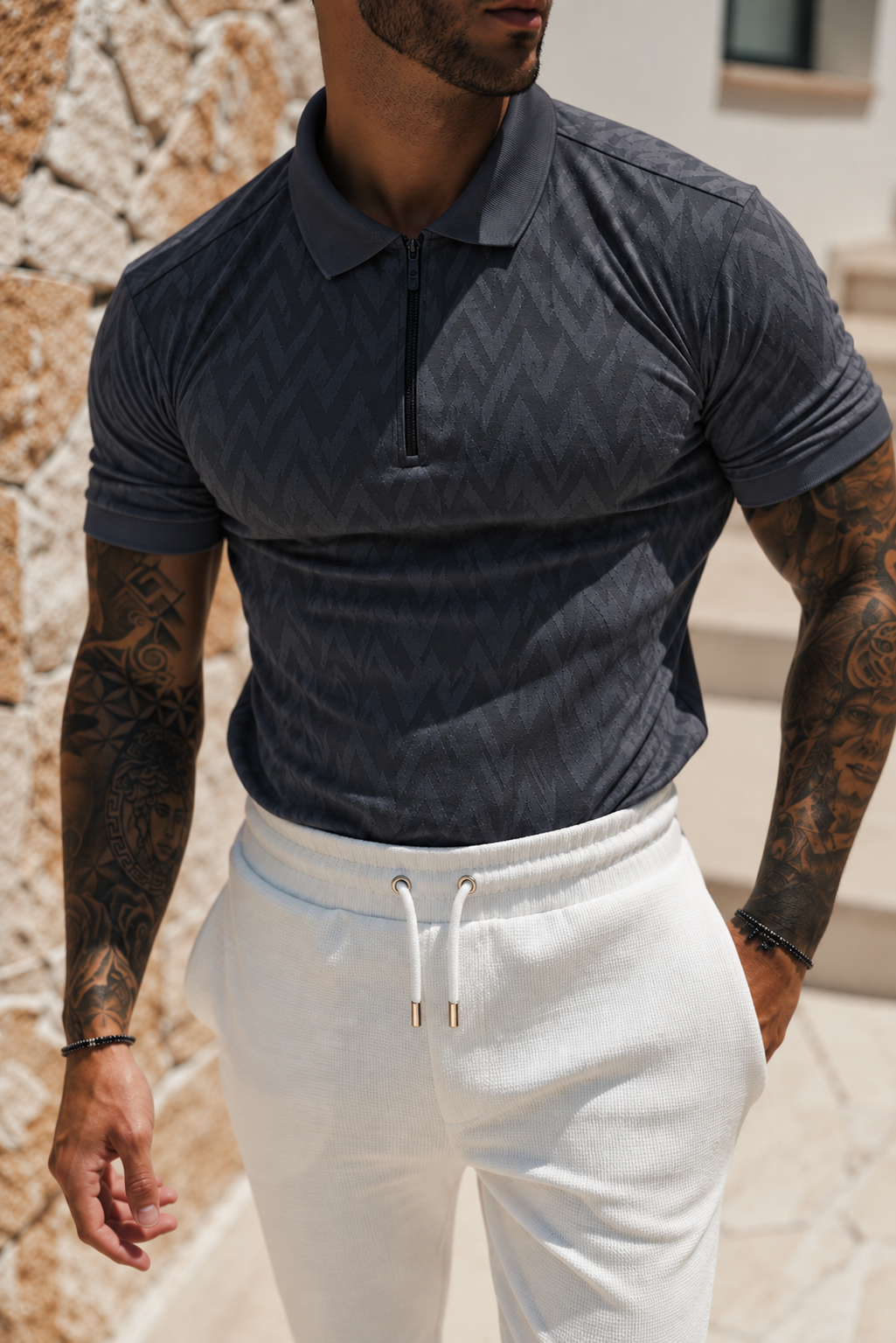 Classic Jacquard Charcoal Chevron Zipped Polo - FSR059