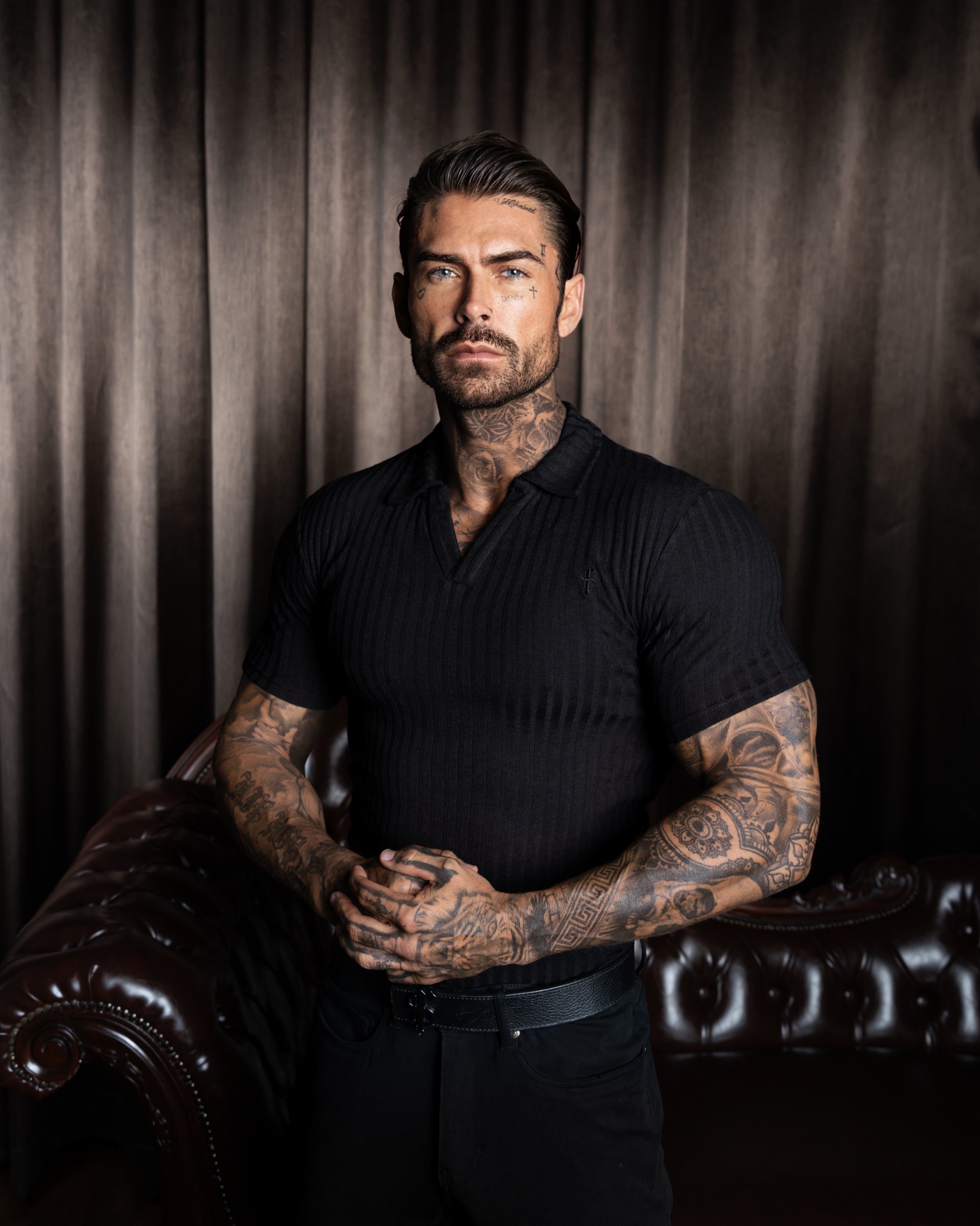 Black Ribbed Revere Short Sleeve Polo Shirt - FSH1412