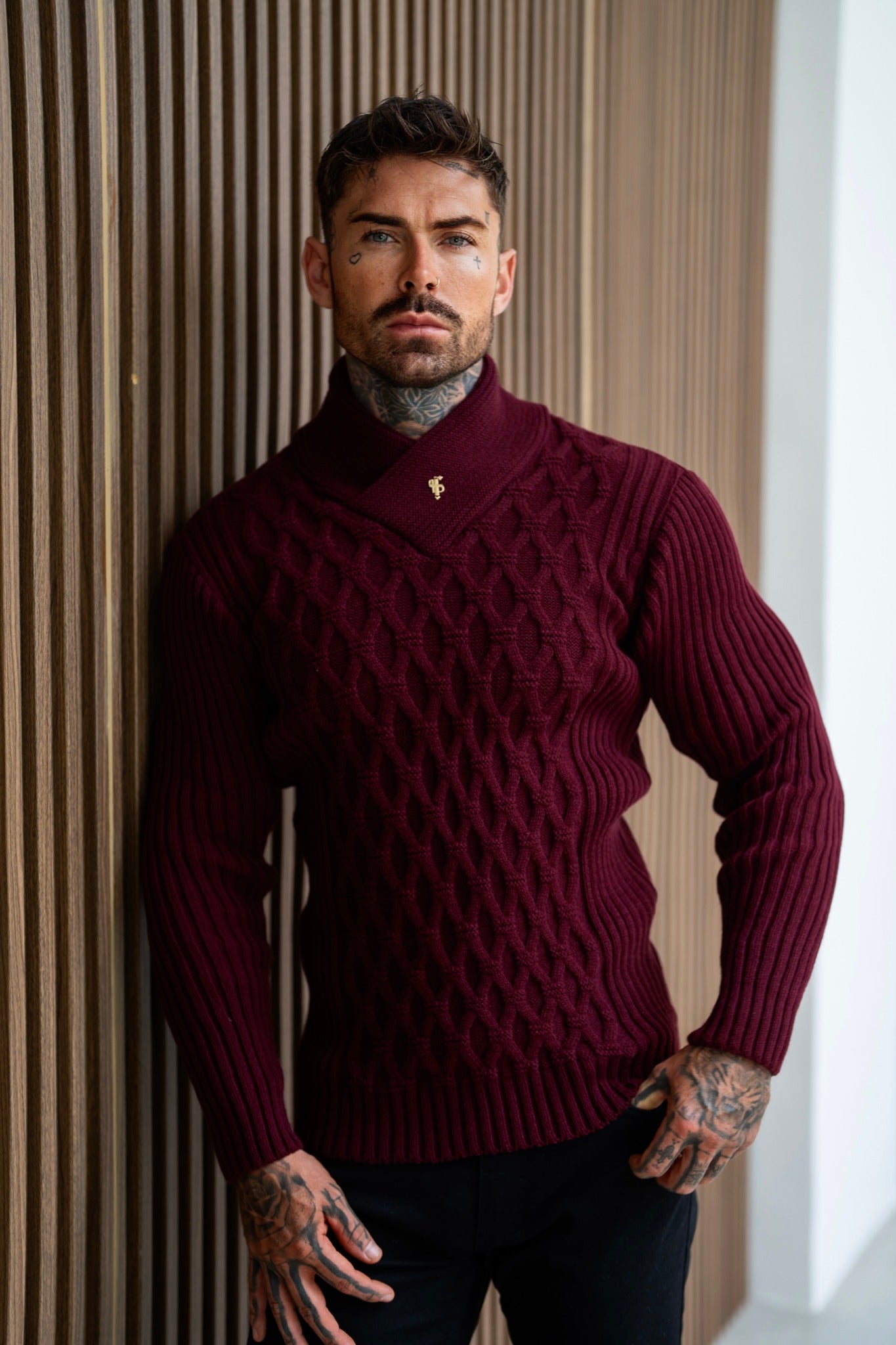 Chunky Cable Knit Burgundy Jumper - FSJ066