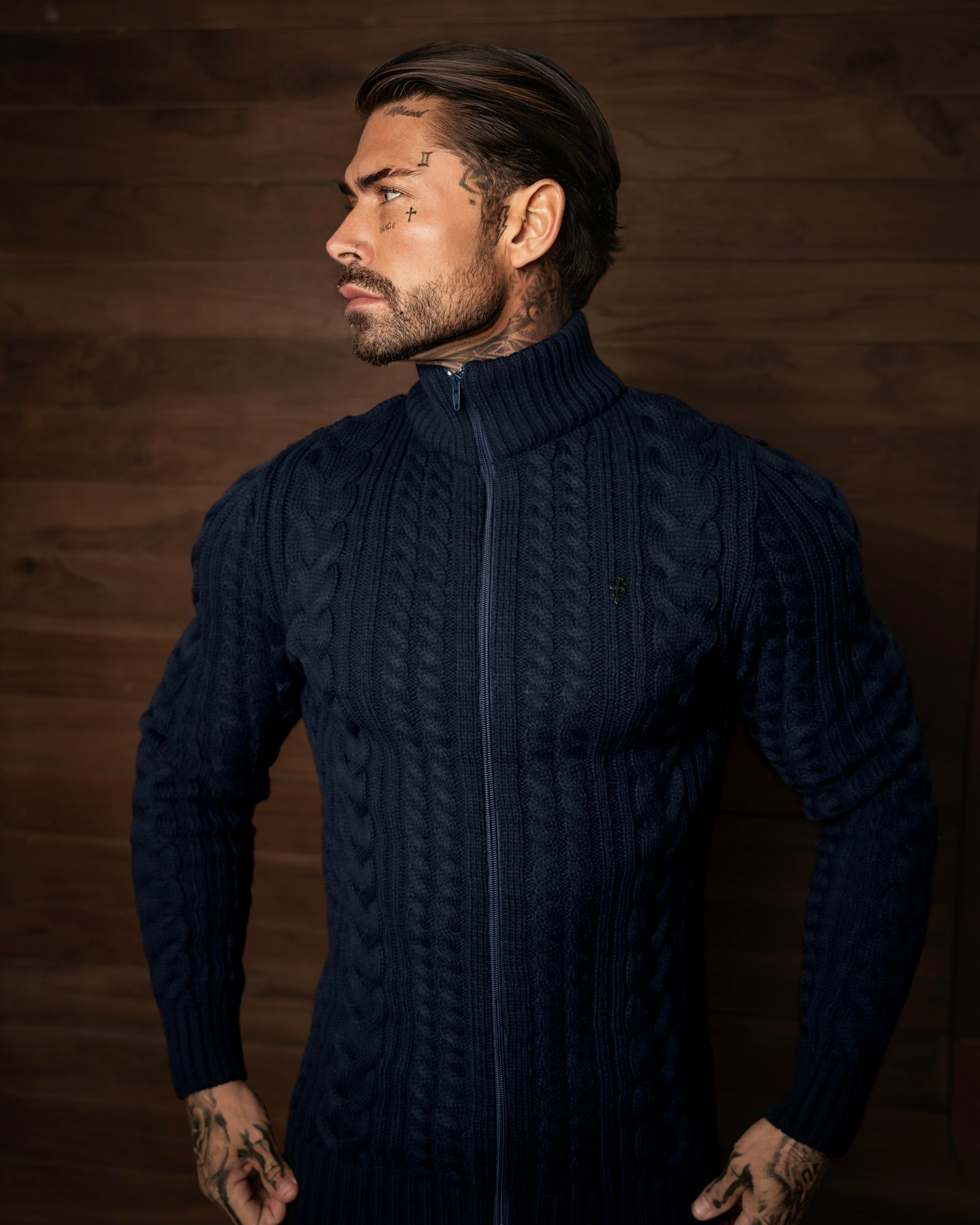 Funnel Neck Full Zip Cardigan Dark Navy -  FSJ146