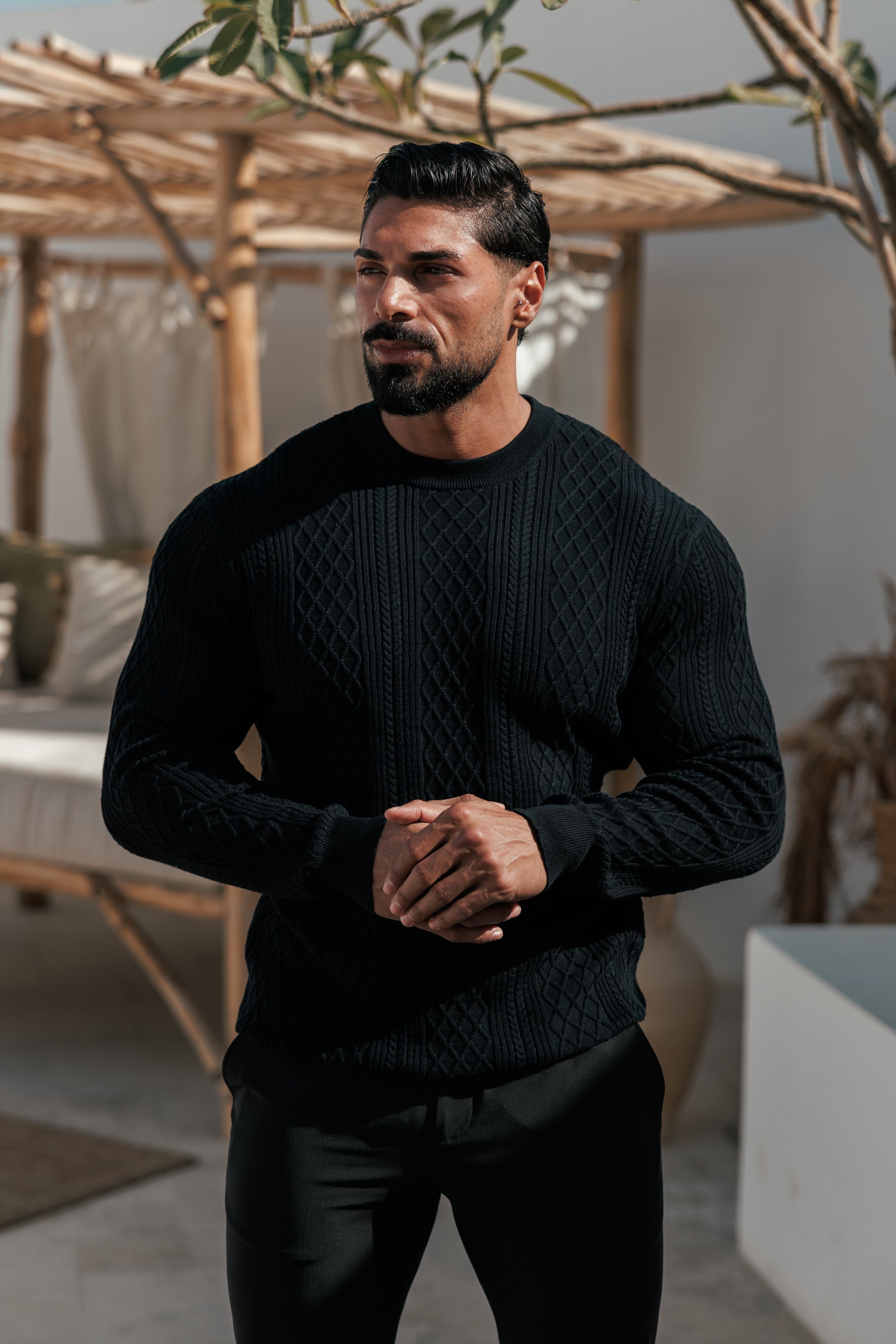 Fine Knit Diamond Black Jumper Long Sleeve  -  FSA006