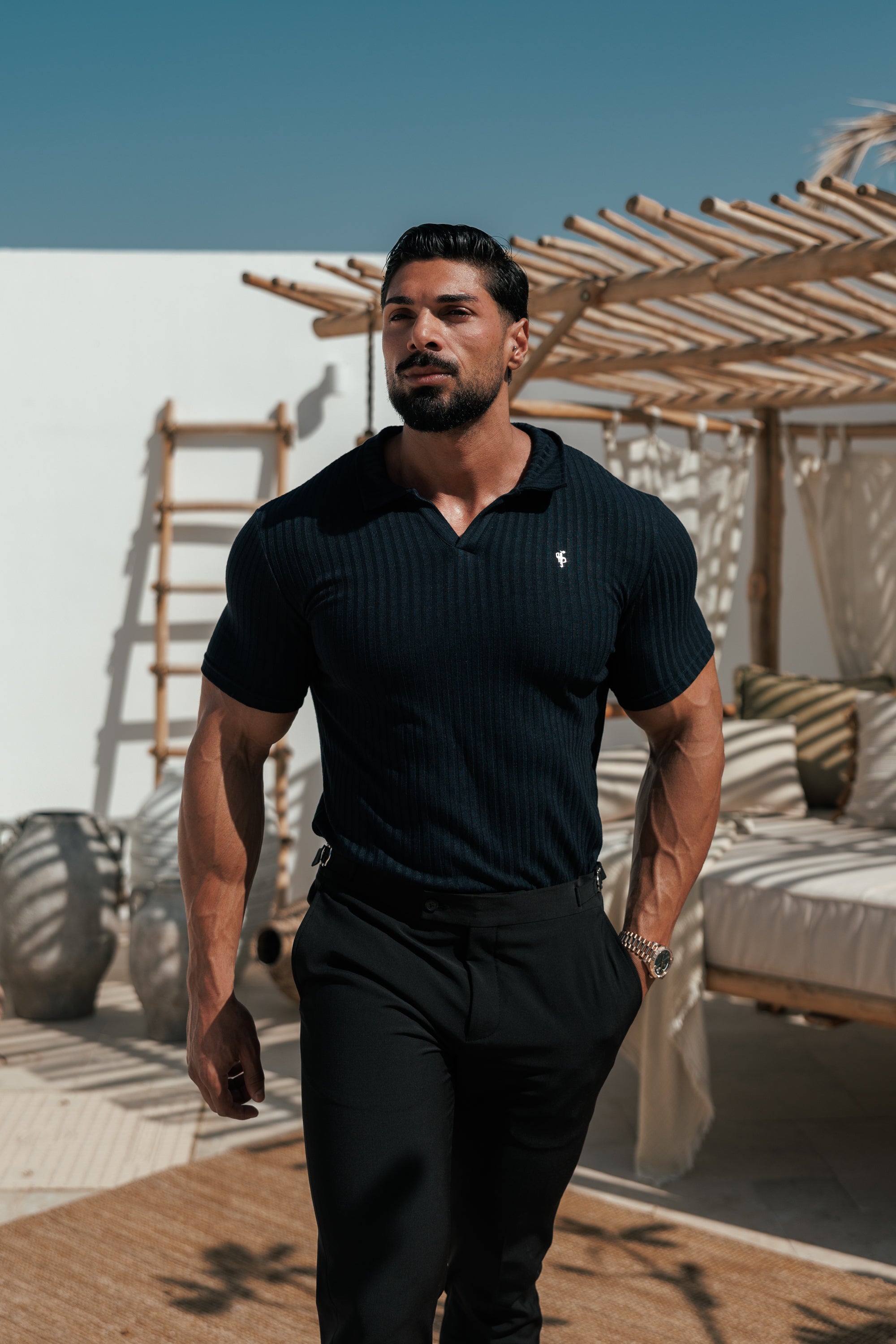Dark Navy / Silver Ribbed Revere Short Sleeve Polo Shirt - FSH1410