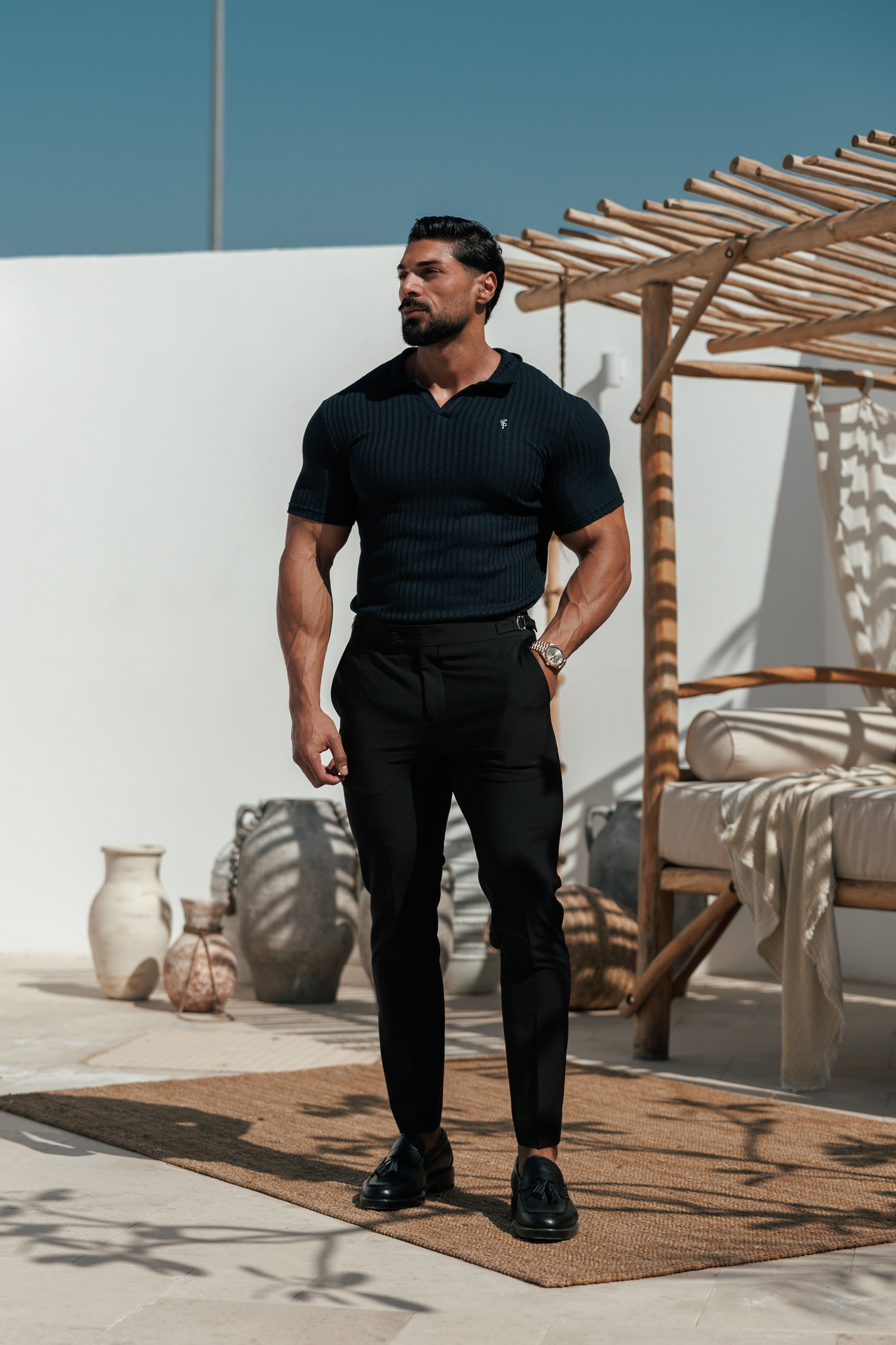 Dark Navy / Silver Ribbed Revere Short Sleeve Polo Shirt - FSH1410