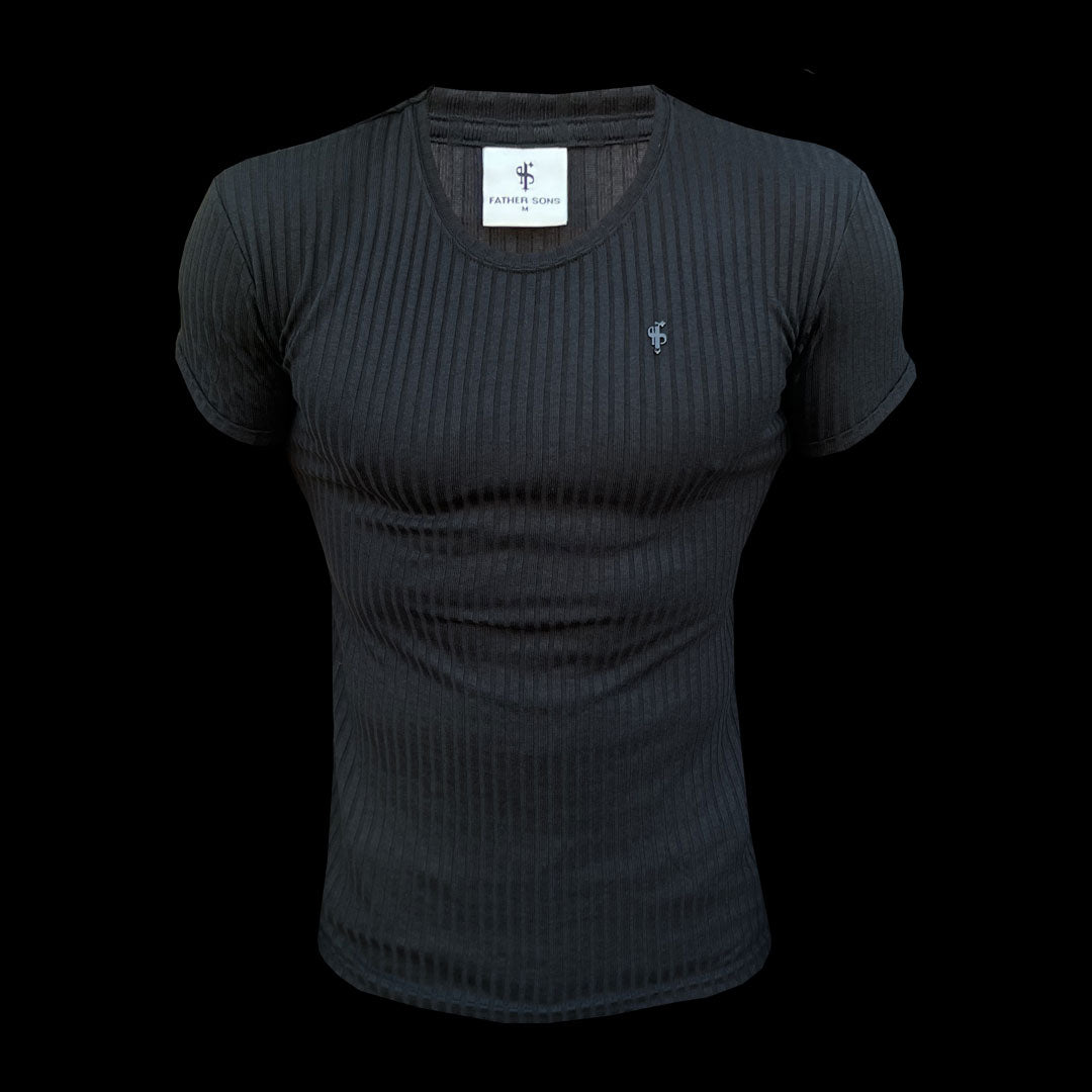 Classic Black / Black Ribbed Knit Super Slim Short Sleeve Crew - FSH1081
