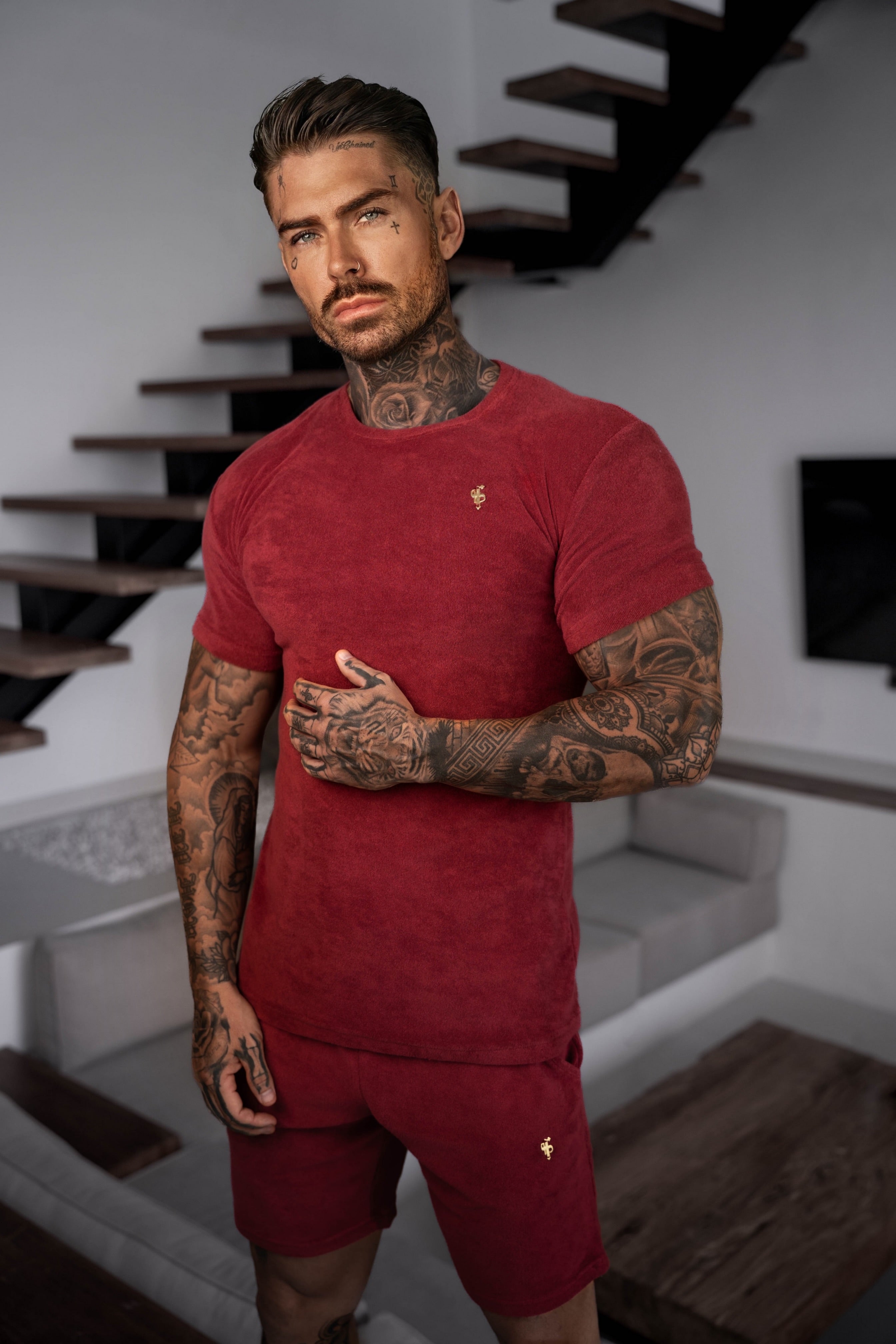 Burgundy / Gold Towelling Crew T Shirt - FSH1349