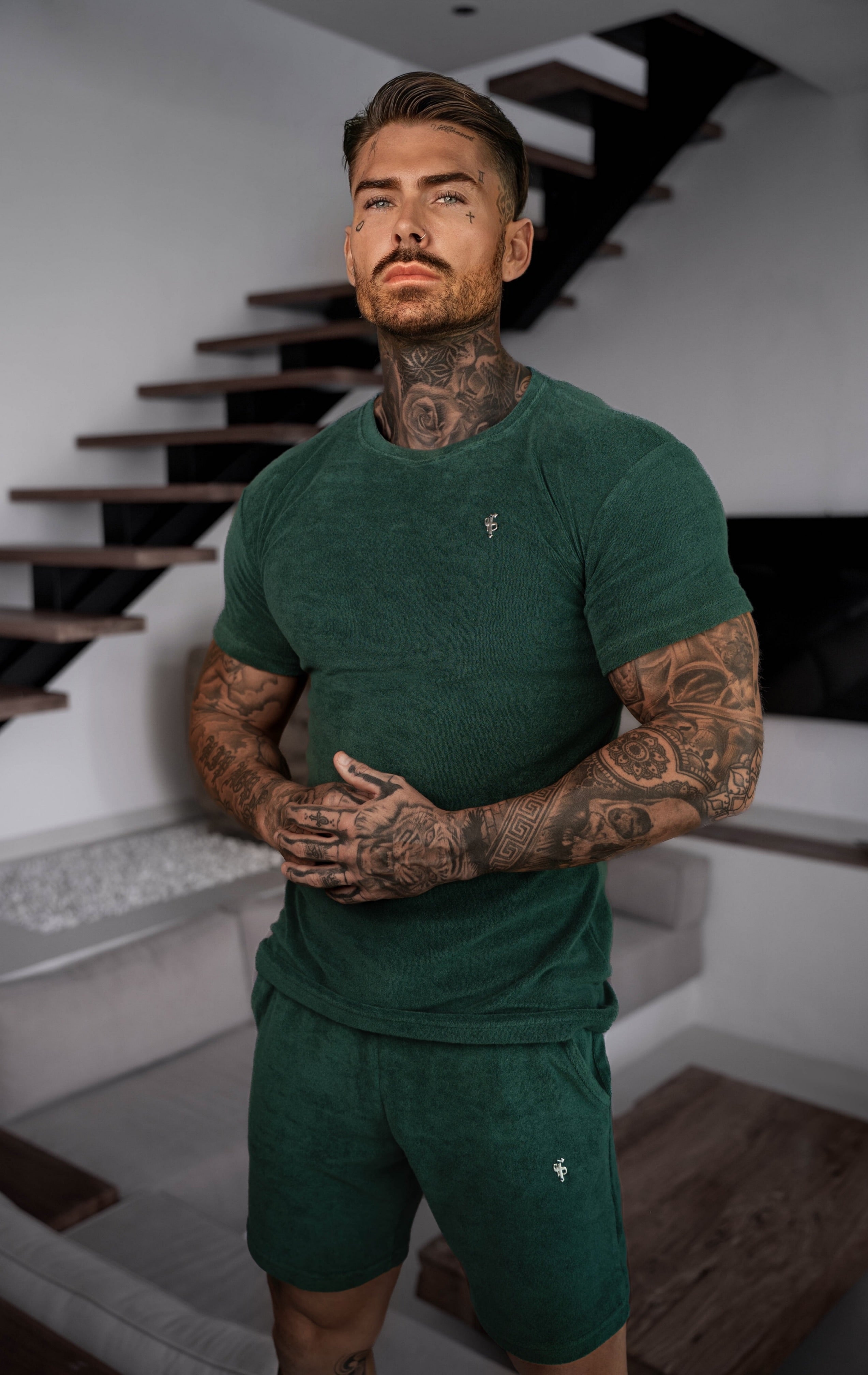 Forest Green / Silver Towelling Crew T Shirt - FSH1347