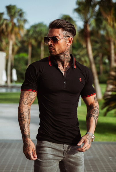 Father Sons Classic Black / Red Collar and Sleeve Contrast Polo Short