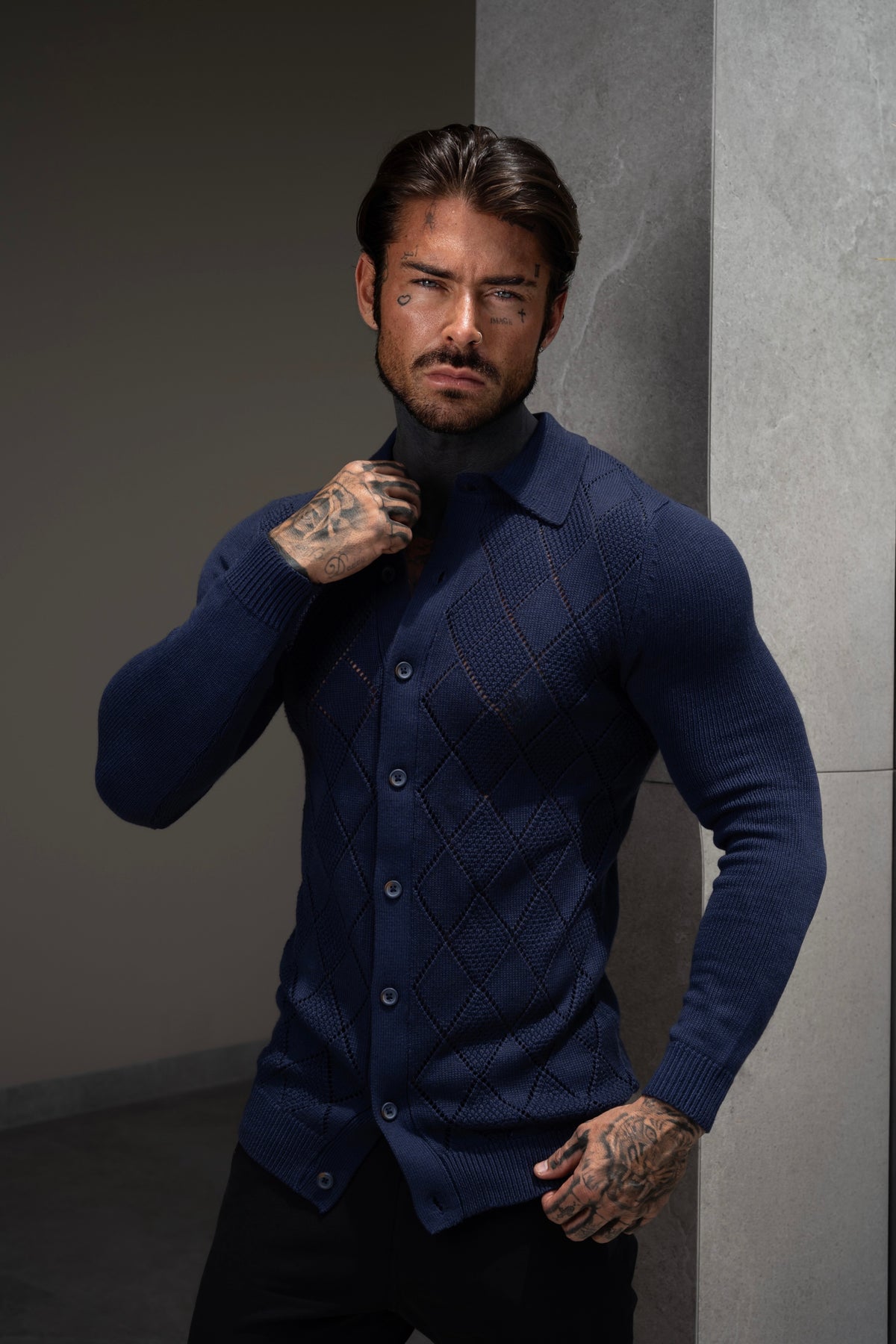 Navy Diamond Perforated Shirt Long Sleeve - FSA017