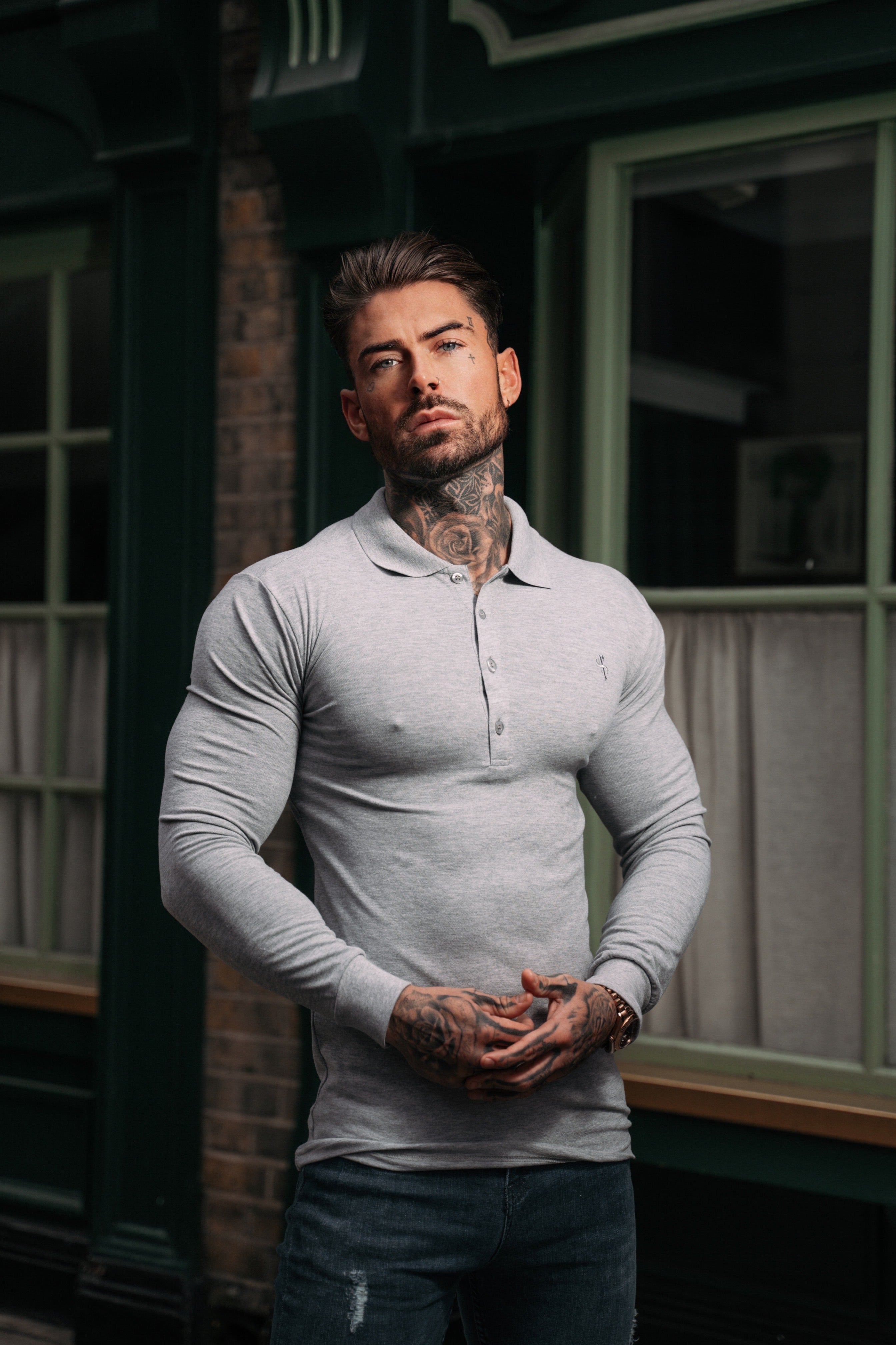 Classic Light Grey Tonal  Polo Long Sleeve Shirt - FSH859