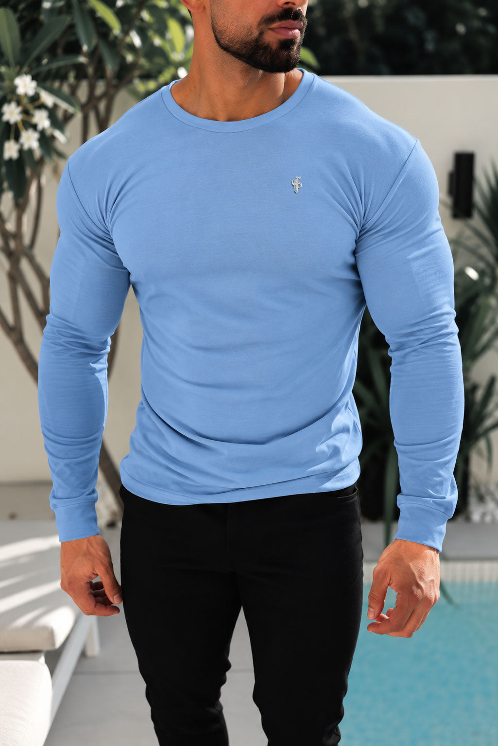 Light Blue / Silver Bamboo Crew T-Shirt Long Sleeve - FSH1682
