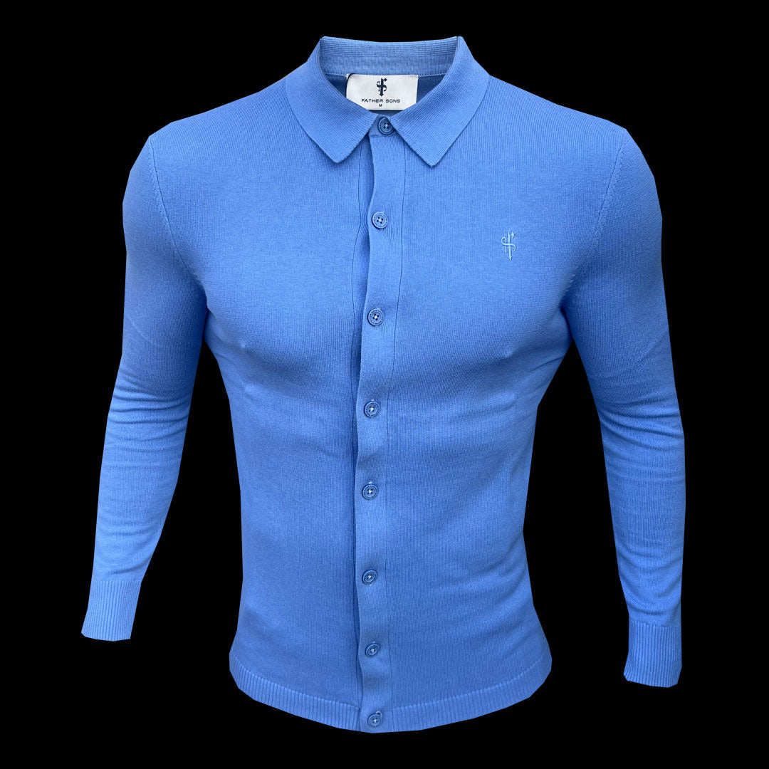 Classic Plain Light Blue Knitted Button Through Polo Long Sleeve - FSN169
