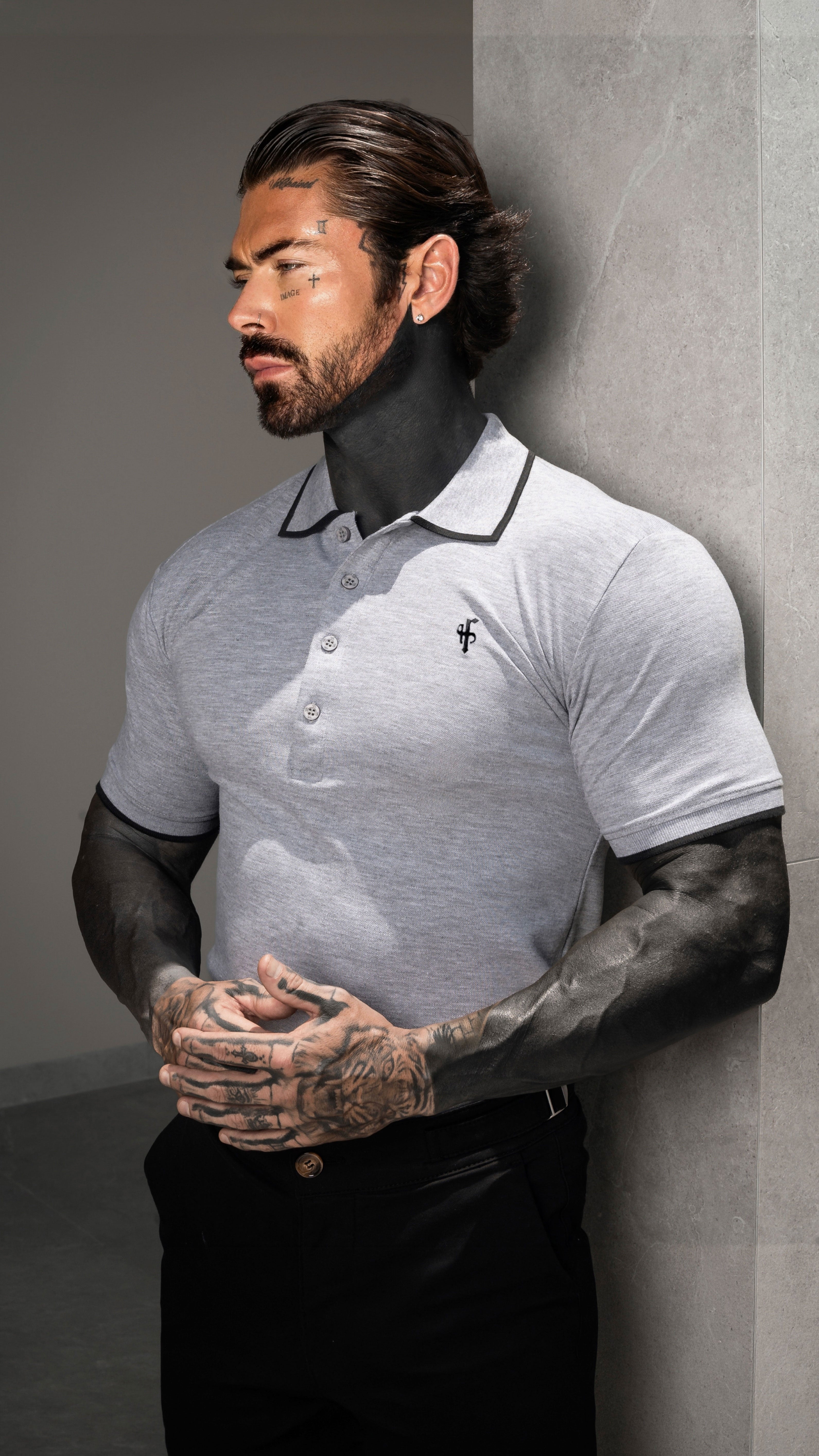 Light Grey / Black Polo Shirt With Contrast Collar and Sleeve - FSH1674