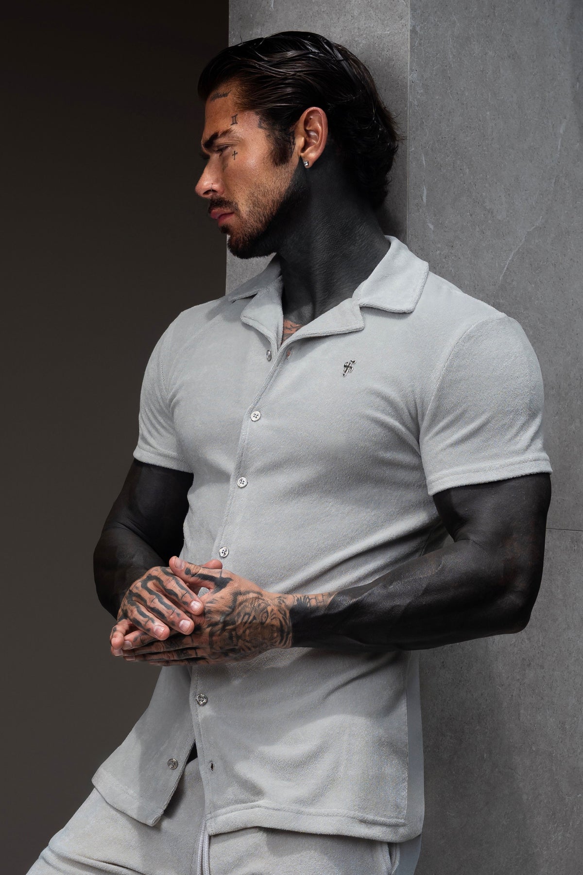 Light Grey Towelling Revere Shirt Short Sleeve - FSH1497