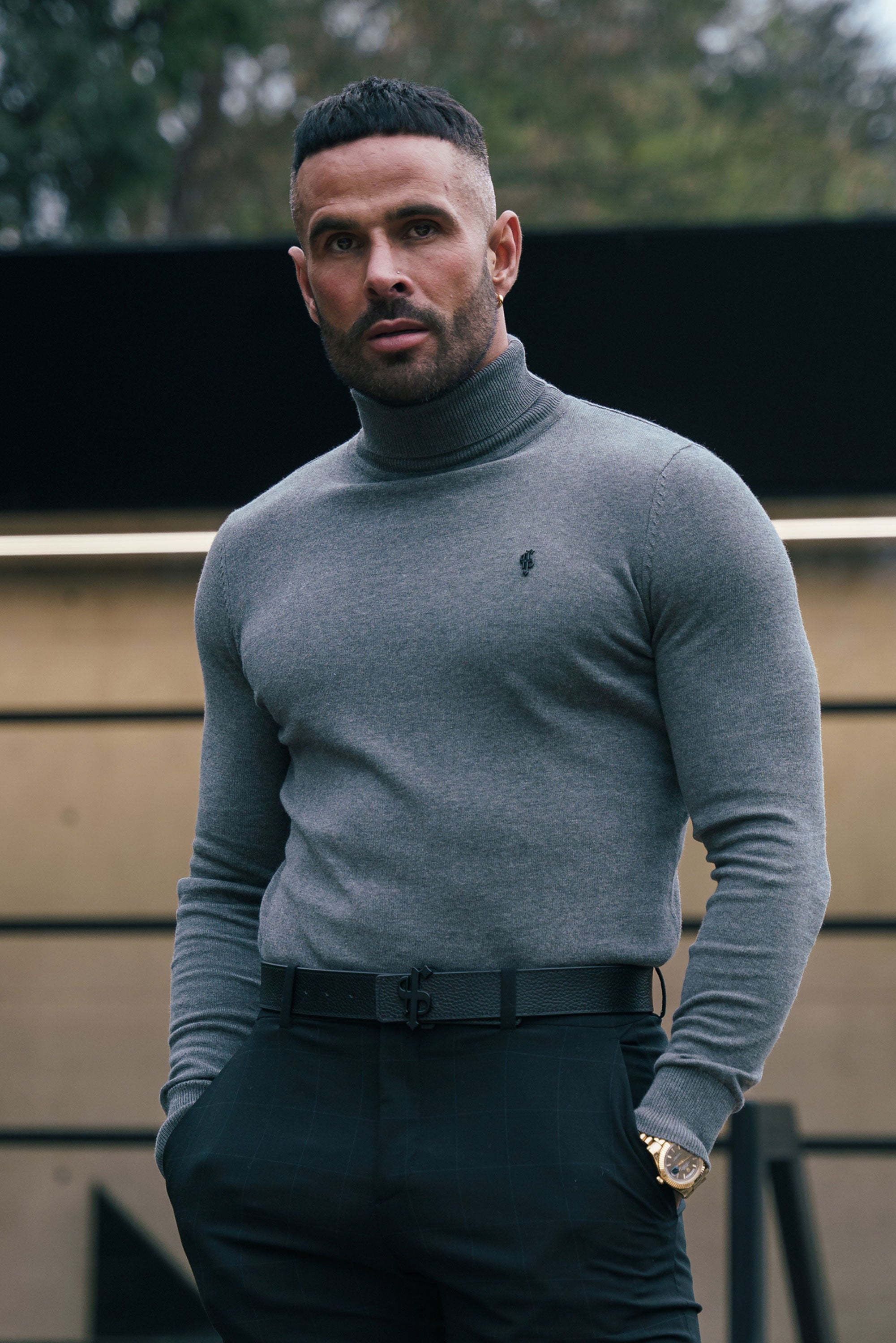 Charcoal Roll Neck Knitted Jumper With FS Branding - FSN207