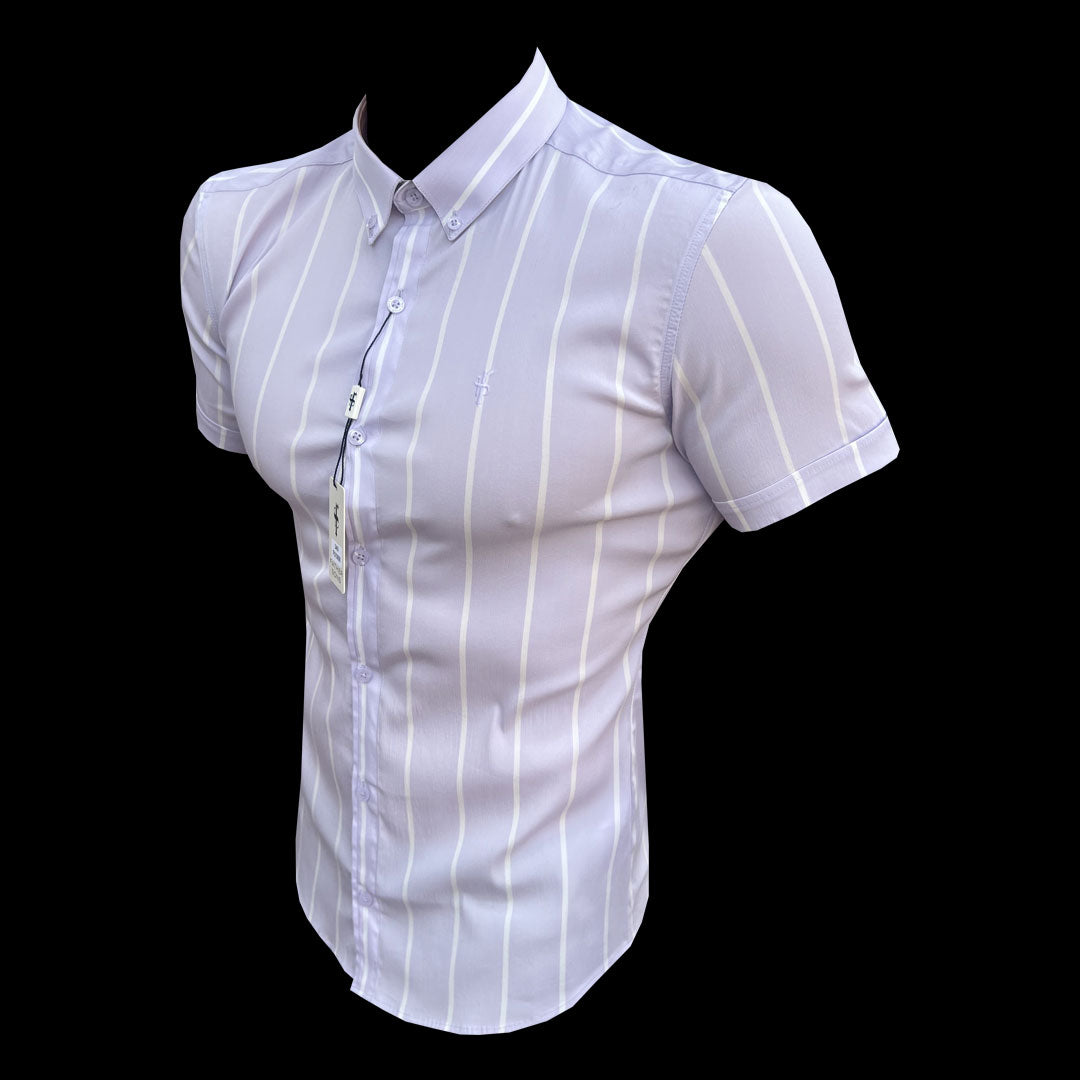 Super Slim Stretch Lilac Printed Wide Stripe Short Sleeve with Button Down Collar - FS1068