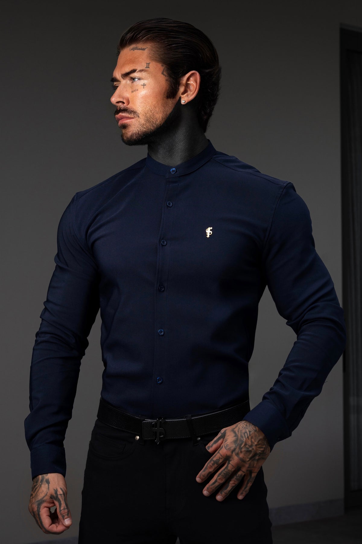 Super Slim Scuba Navy Long Sleeve Stretch With Grandad Collar With Gold Decal  - FS1265