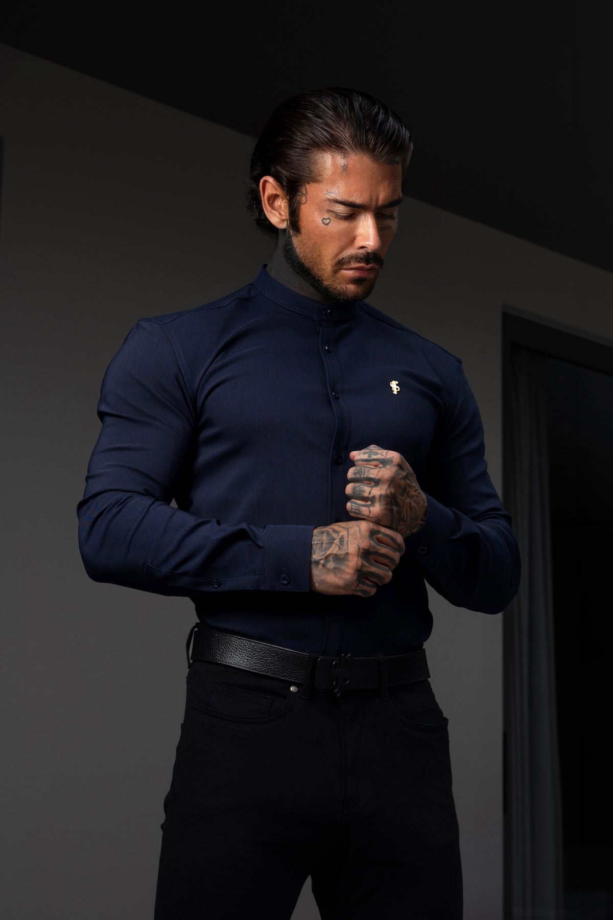 Super Slim Scuba Navy Long Sleeve Stretch With Grandad Collar With Gold Decal  - FS1265
