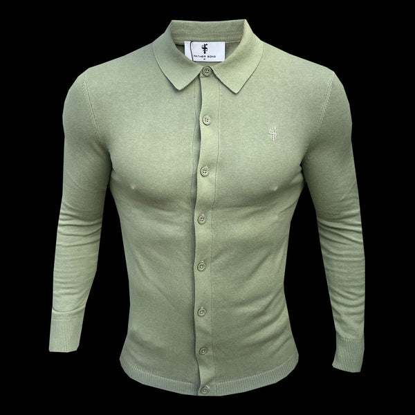 Father Sons Classic Plain Olive Knitted Button Through Polo Long Sleeve - FSN170