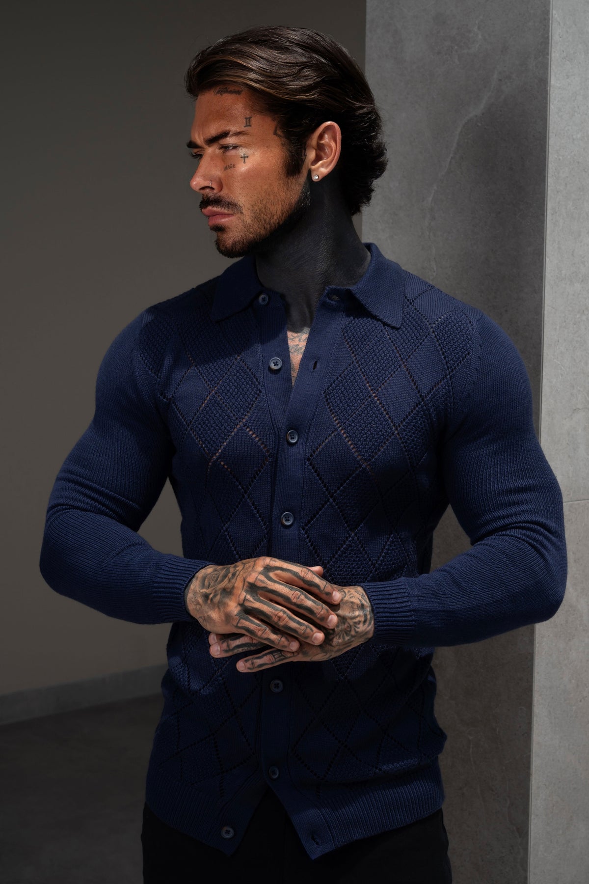 Navy Diamond Perforated Shirt Long Sleeve - FSA017