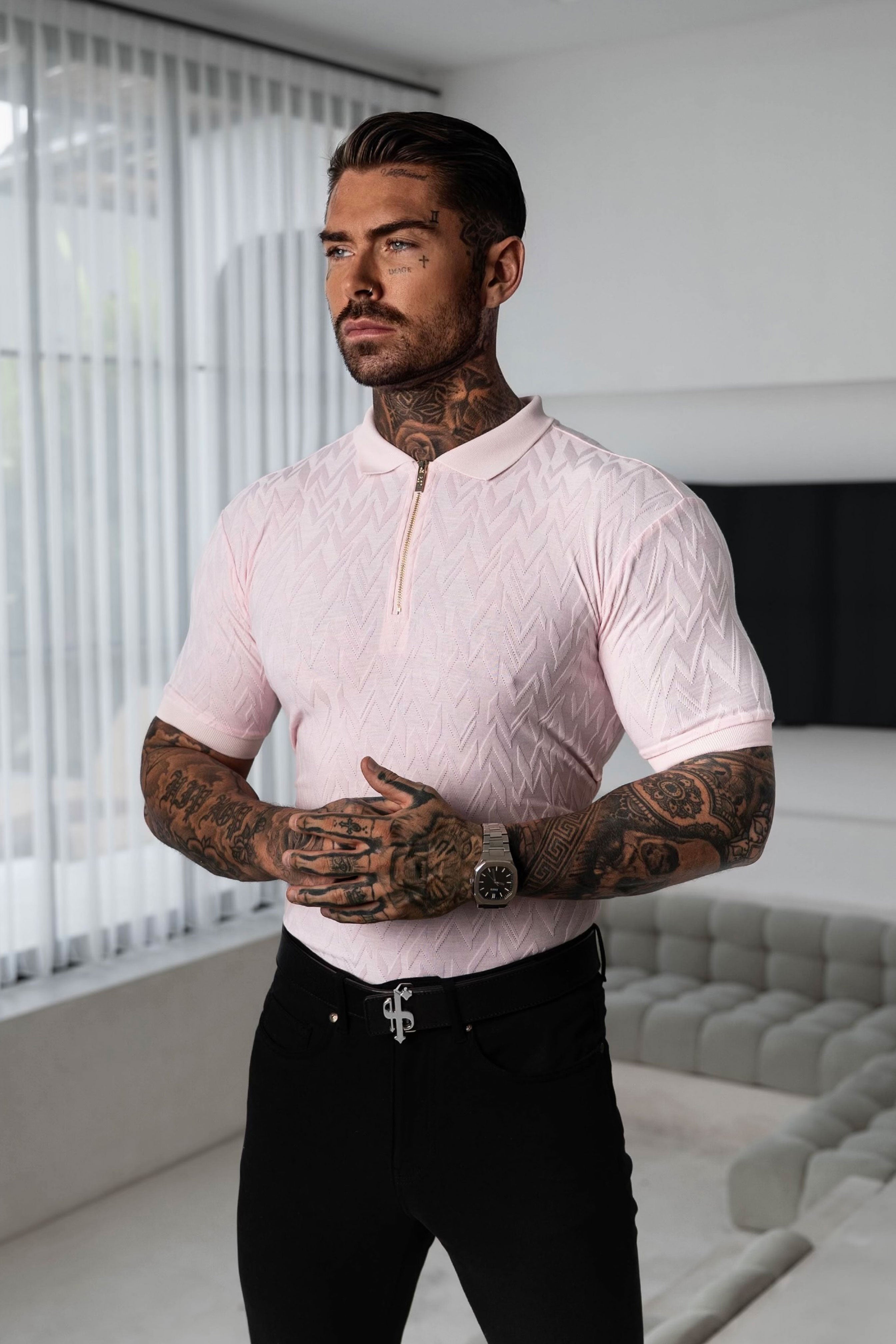 Classic Jacquard Pink Chevron Zipped Polo - FSR022