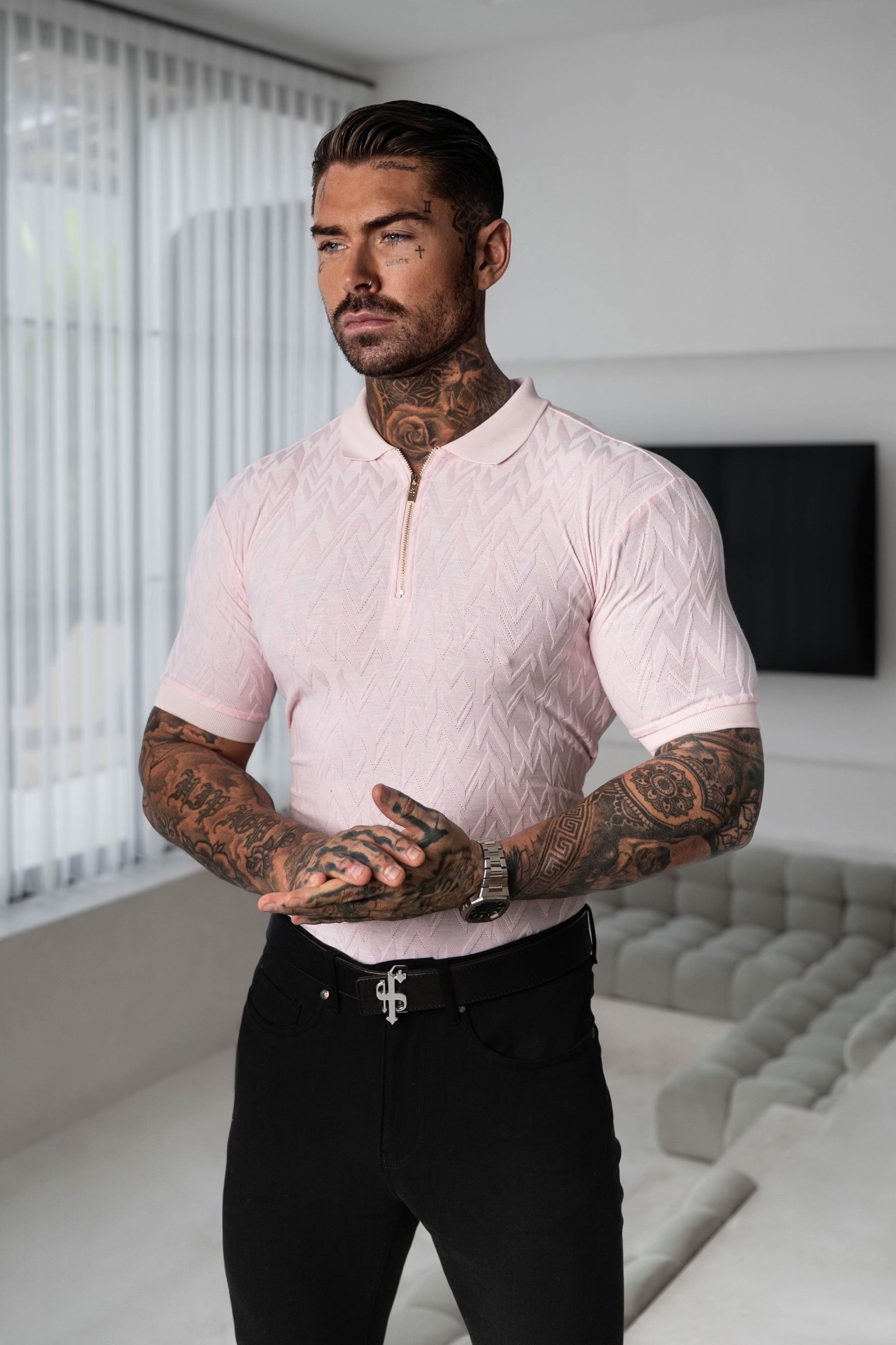 Classic Jacquard Pink Chevron Zipped Polo - FSR022