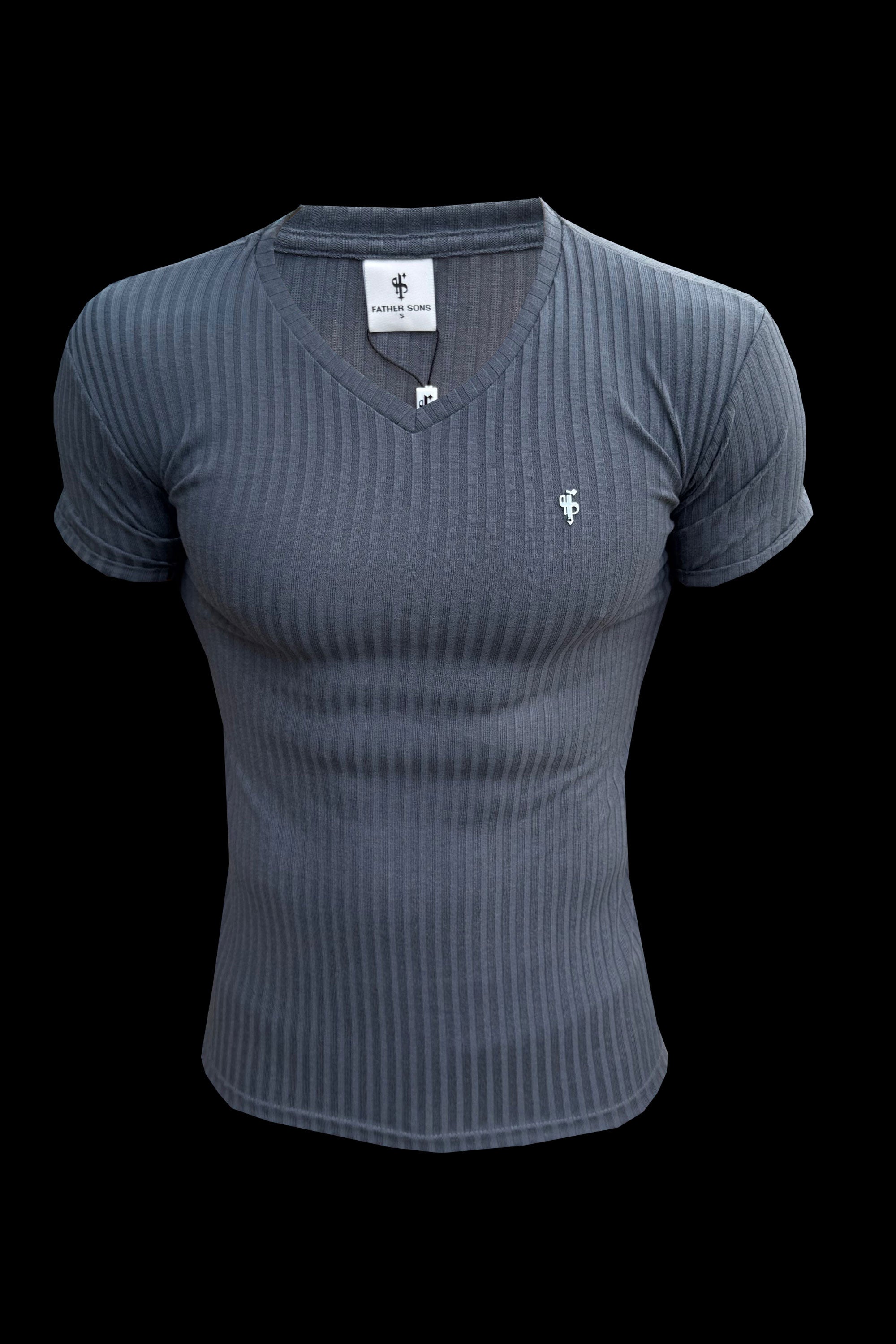 Super Slim Charcoal / Silver V Neck Ribbed Crew - FSH1127