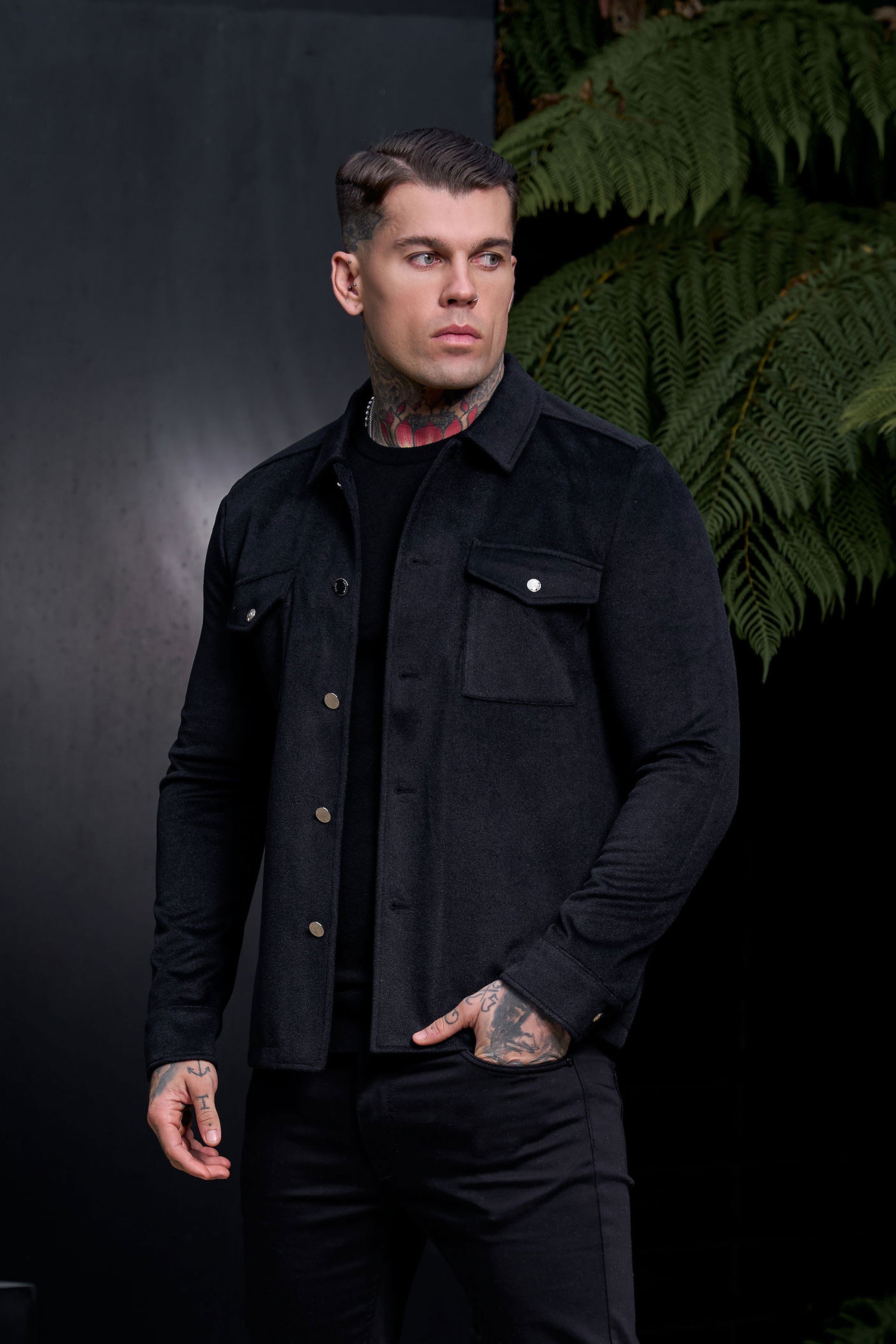Brushed Button Up Plain Jacket Black - FSN182